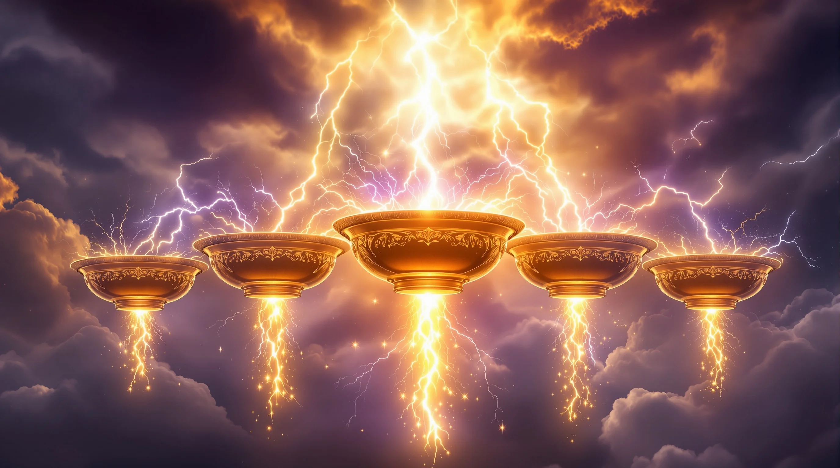 Seven golden bowls suspended in stormy sky pouring glowing liquid that becomes lightning and fire - 7 bowls of Revelation