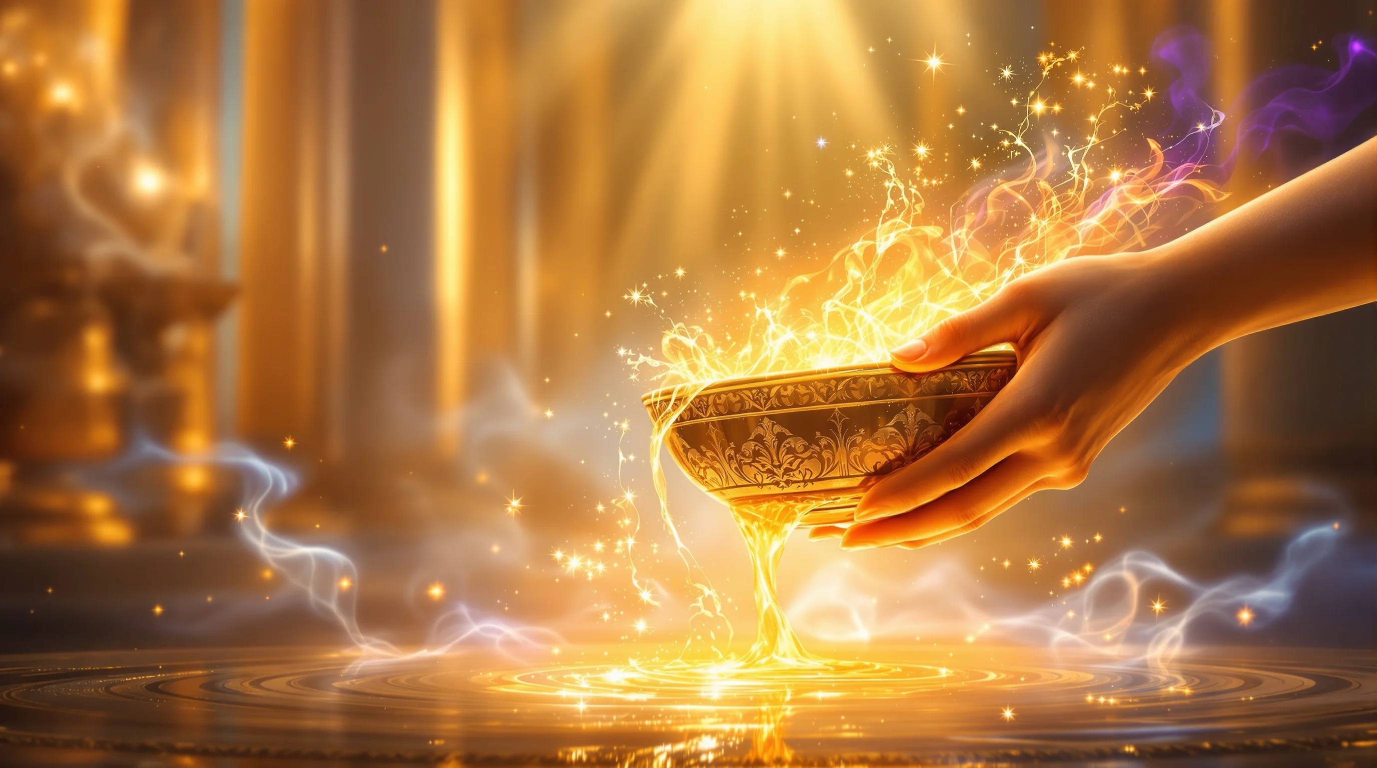 Ancient golden bowl tilted by angelic hand pouring luminous liquid with divine light in heavenly throne room