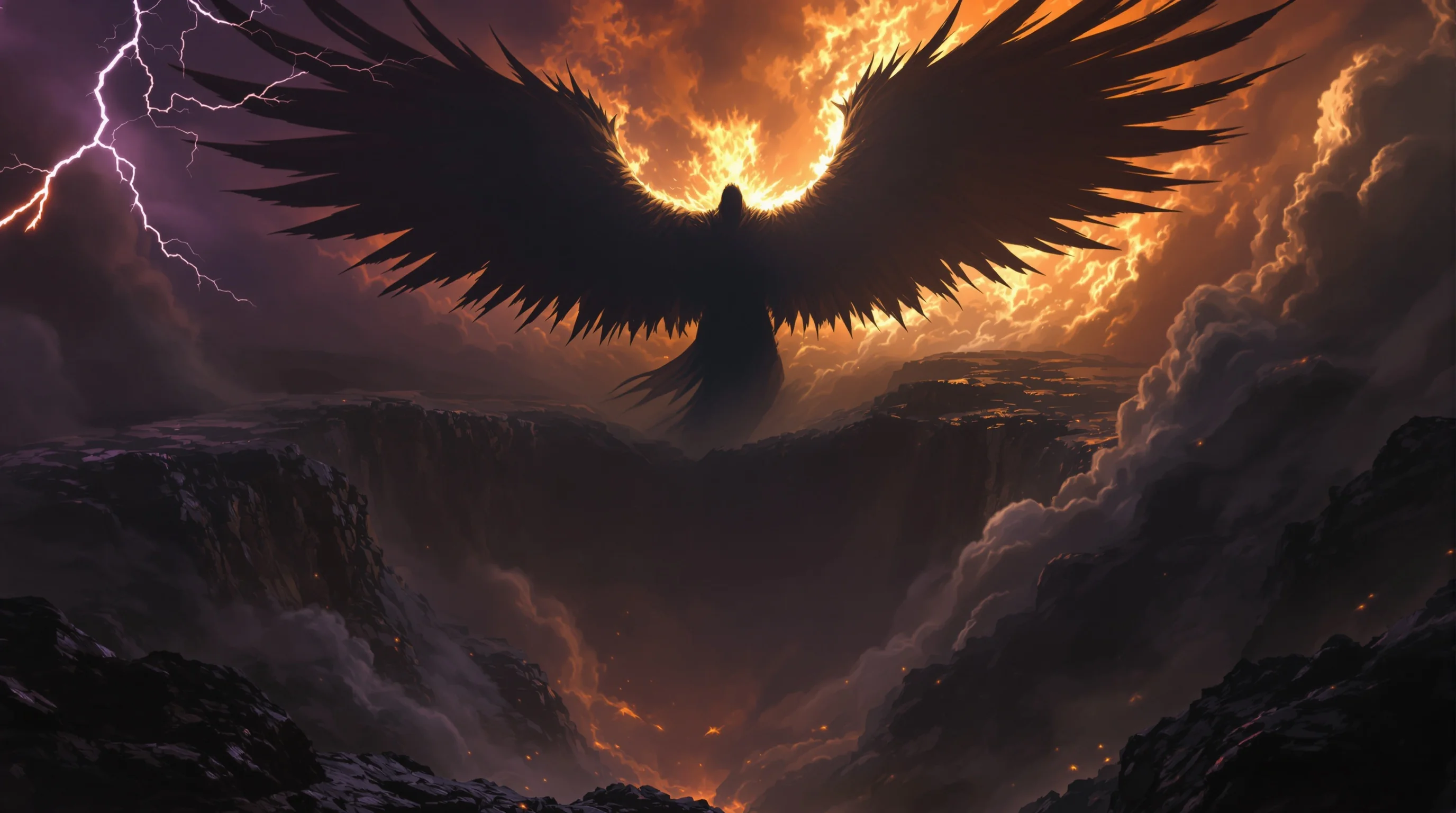 Shadowy angelic figure emerging from a fiery abyss surrounded by locust swarms, depicting Abaddon from Revelation 9