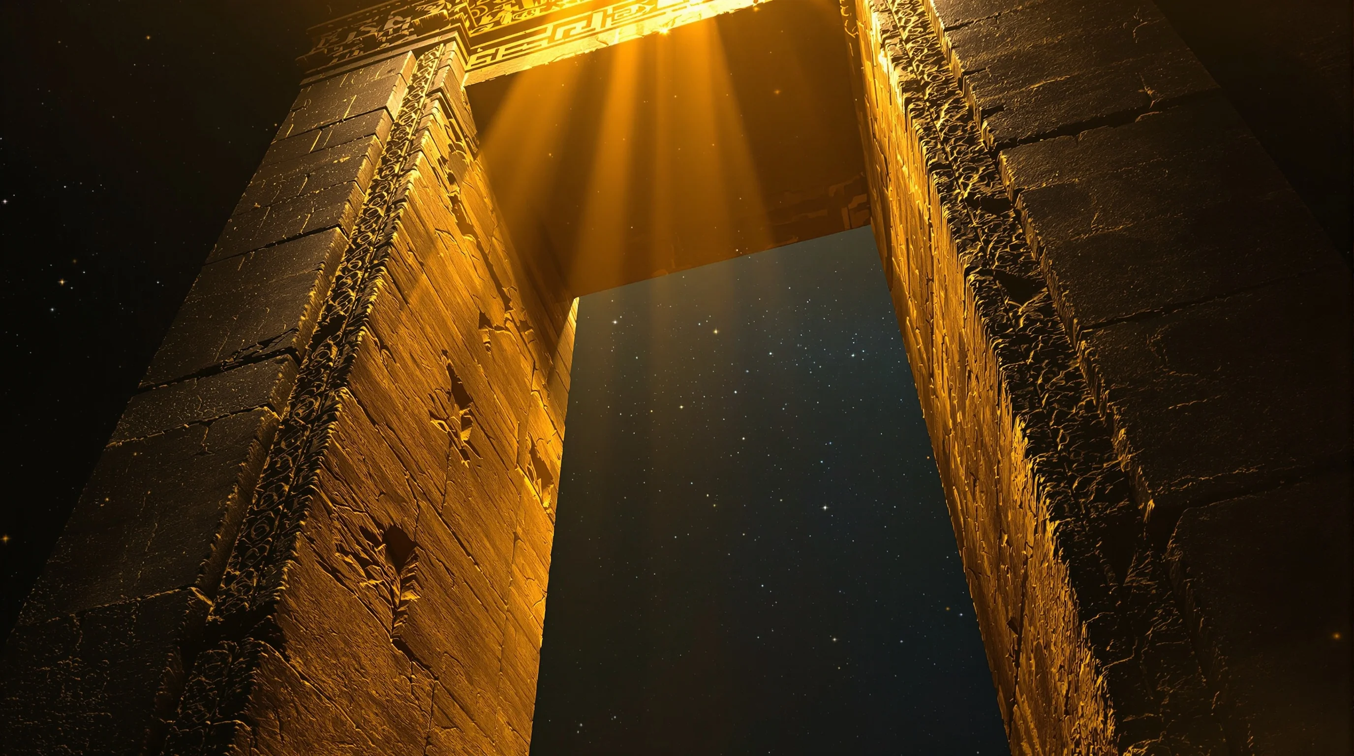 Ancient Alpha and Omega symbols carved into a weathered stone column, bathed in golden celestial light against a starry cosmic backdrop.