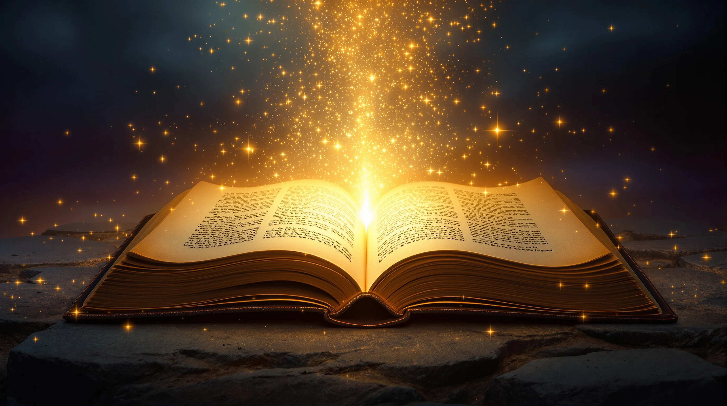 Ancient glowing leather-bound Book of Life on dark stone, radiating golden celestial light with ethereal particles ascending skyward.
