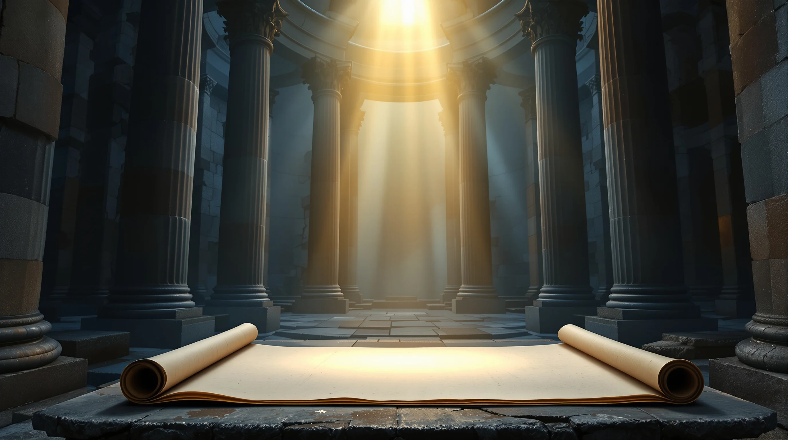 Ancient Roman hall with a glowing scroll on a stone pedestal, bathed in golden light amid crumbling marble columns.