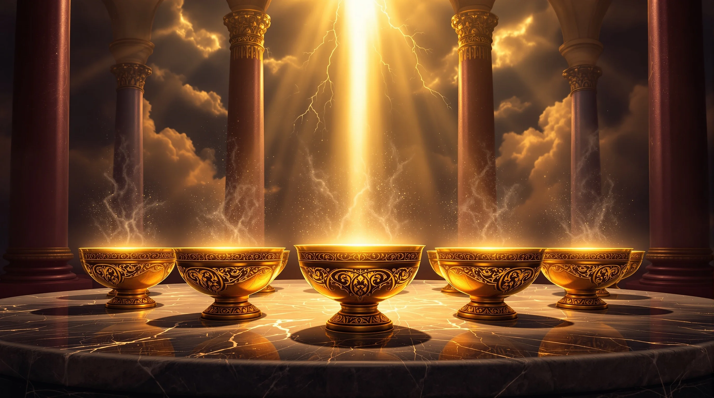 Seven golden bowls arranged on celestial altar with divine light beams, representing the bowl judgments in Revelation