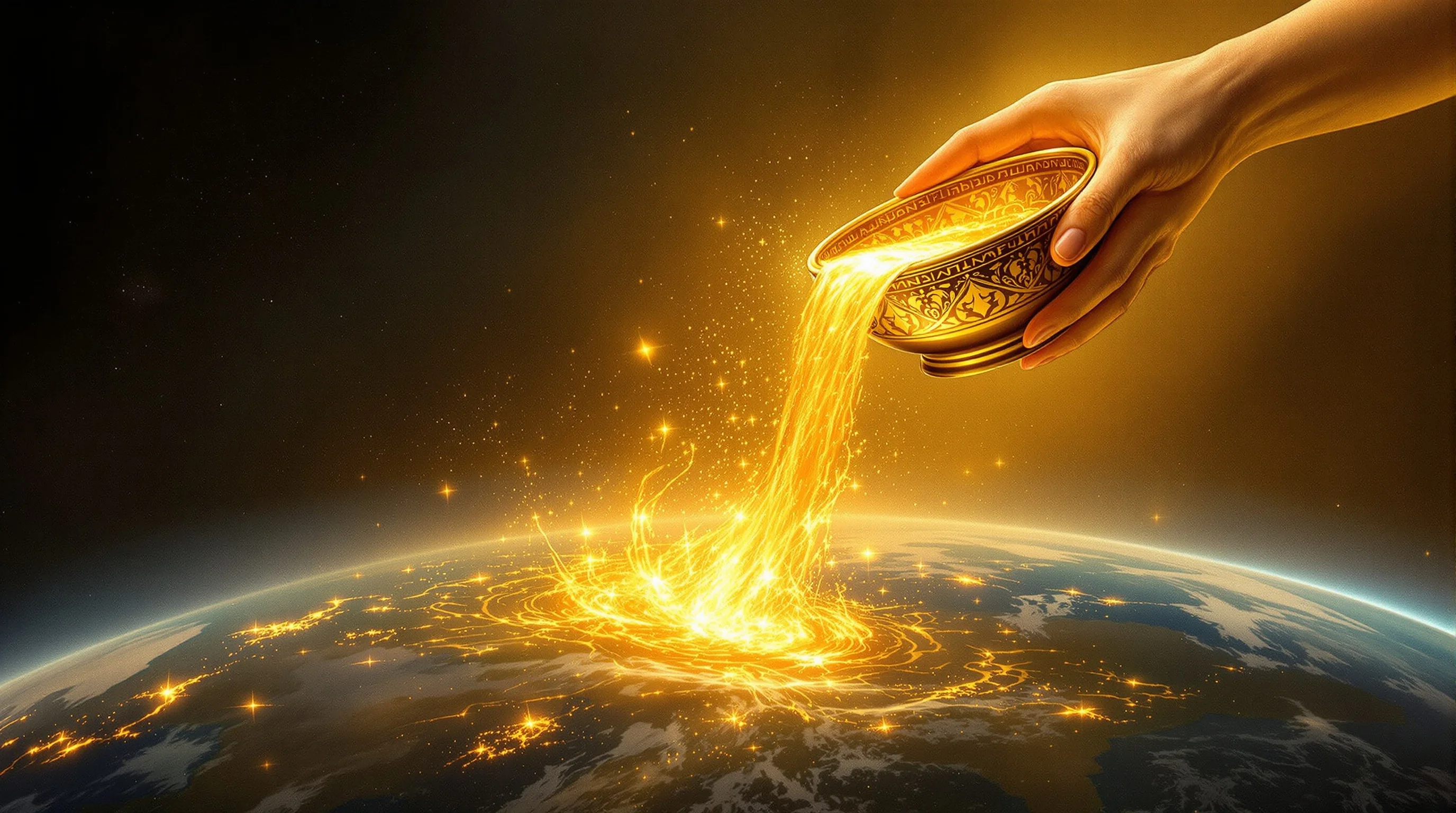 Golden bowl tipped by angelic hand pouring divine judgment as glowing light onto earth below in classical religious art style