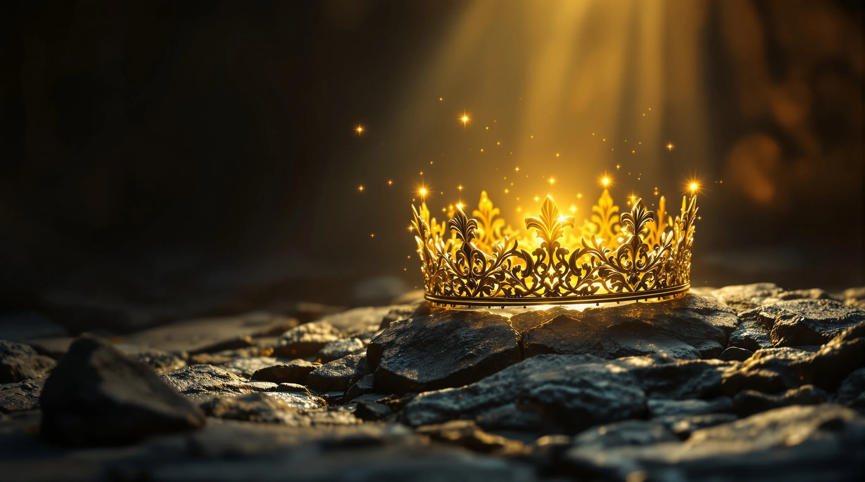 Luminous golden crown resting on ancient stone, bathed in divine light, symbolizing the biblical crown of life and eternal reward.