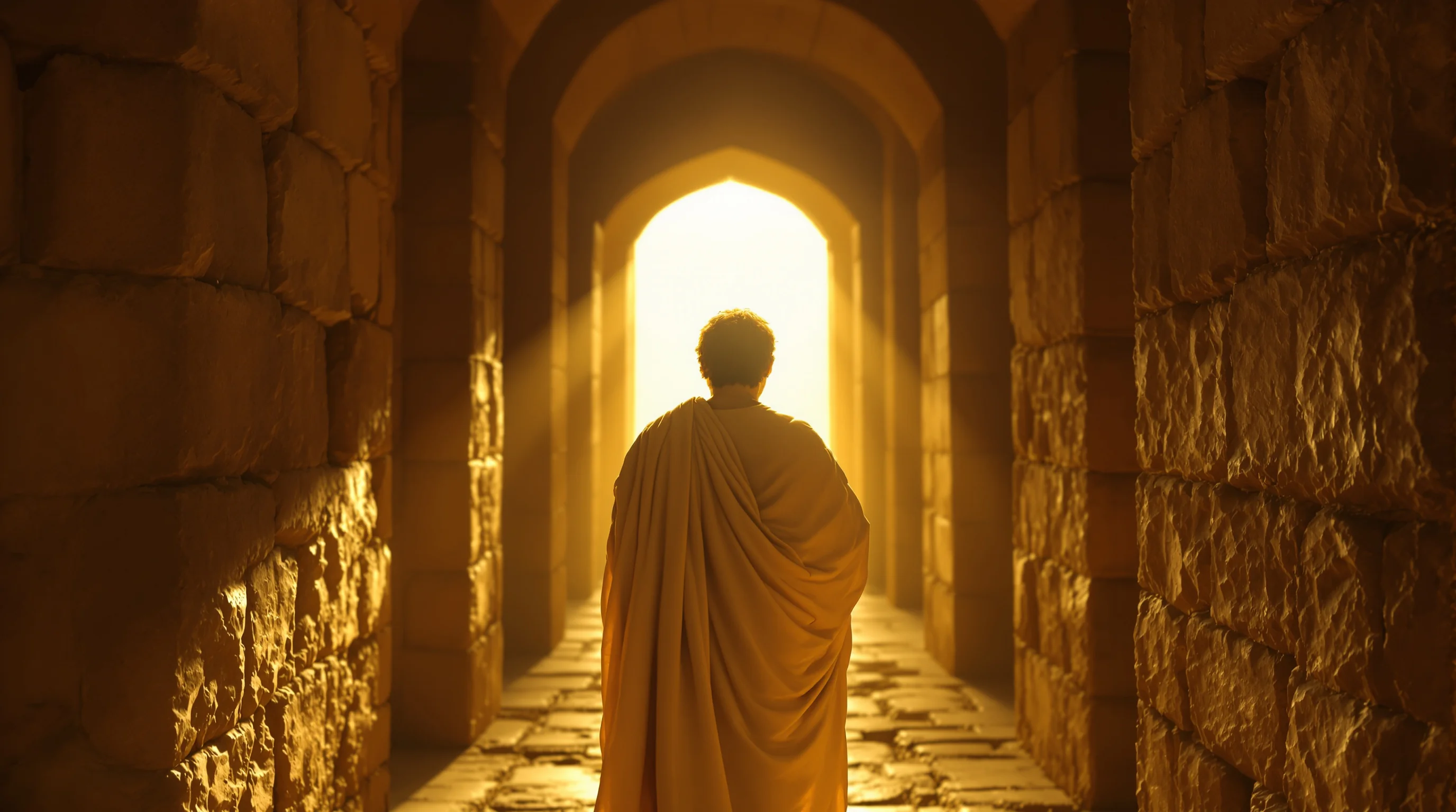 A lone robed figure praying in a stone corridor, bathed in golden light, symbolizing faithful endurance and the crown of life.