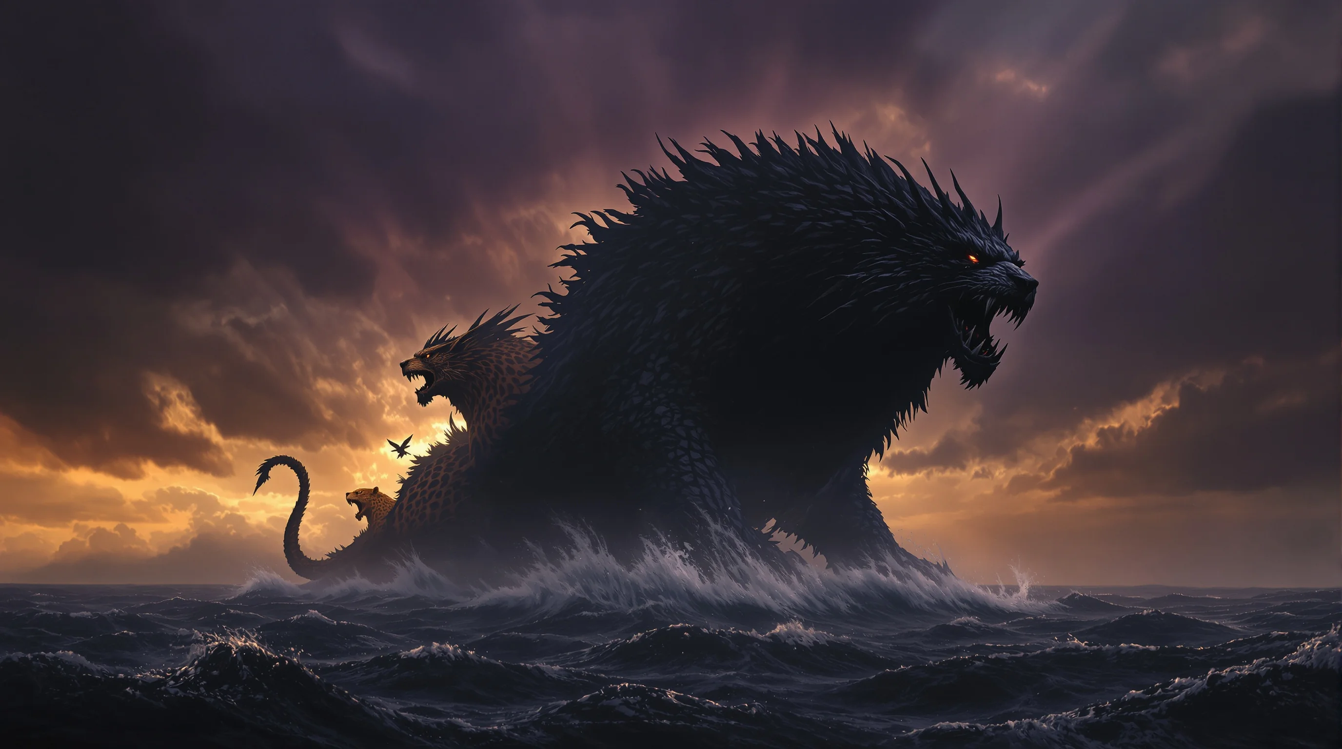 Daniel 7 beasts rising from stormy sea, symbolizing Revelation 13's composite beast prophecy