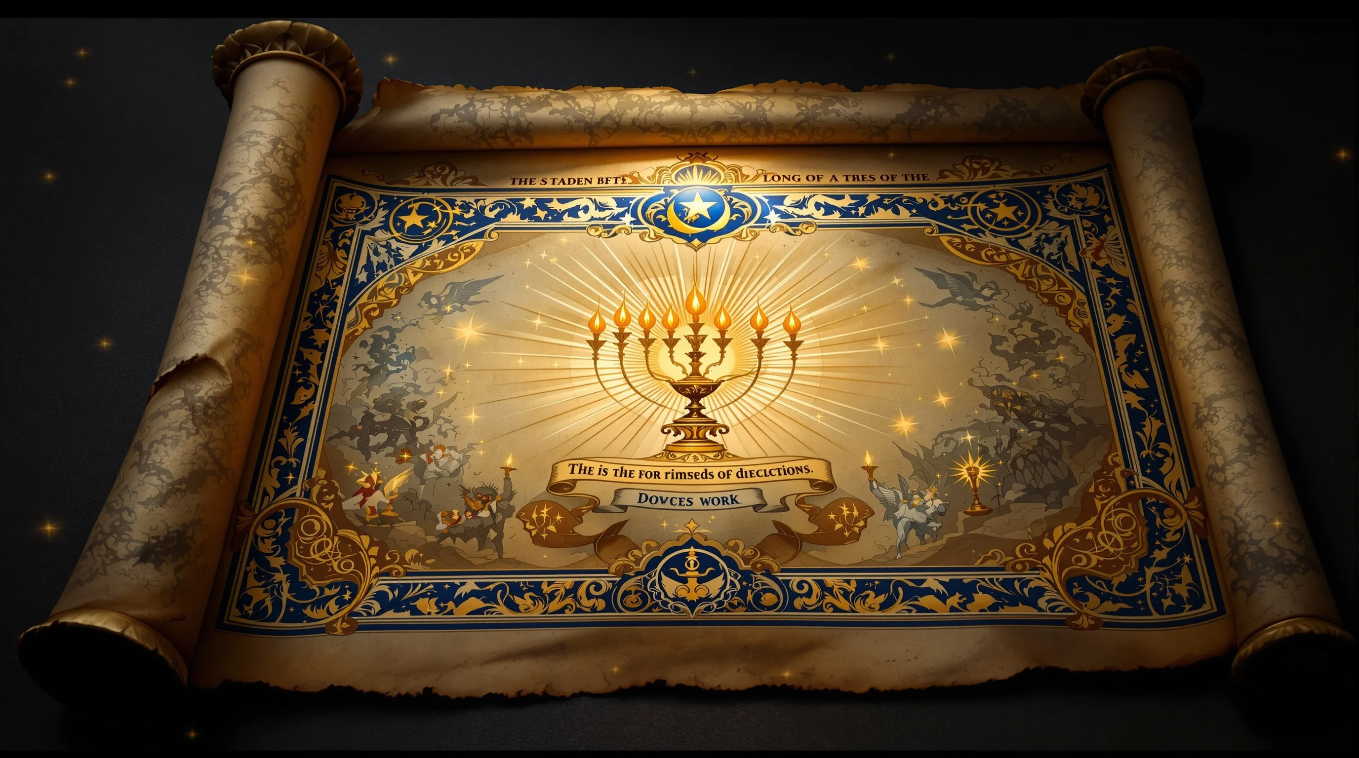 Ancient scroll revealing Revelation symbolism with golden lampstands, celestial stars, and mystical beasts in divine light