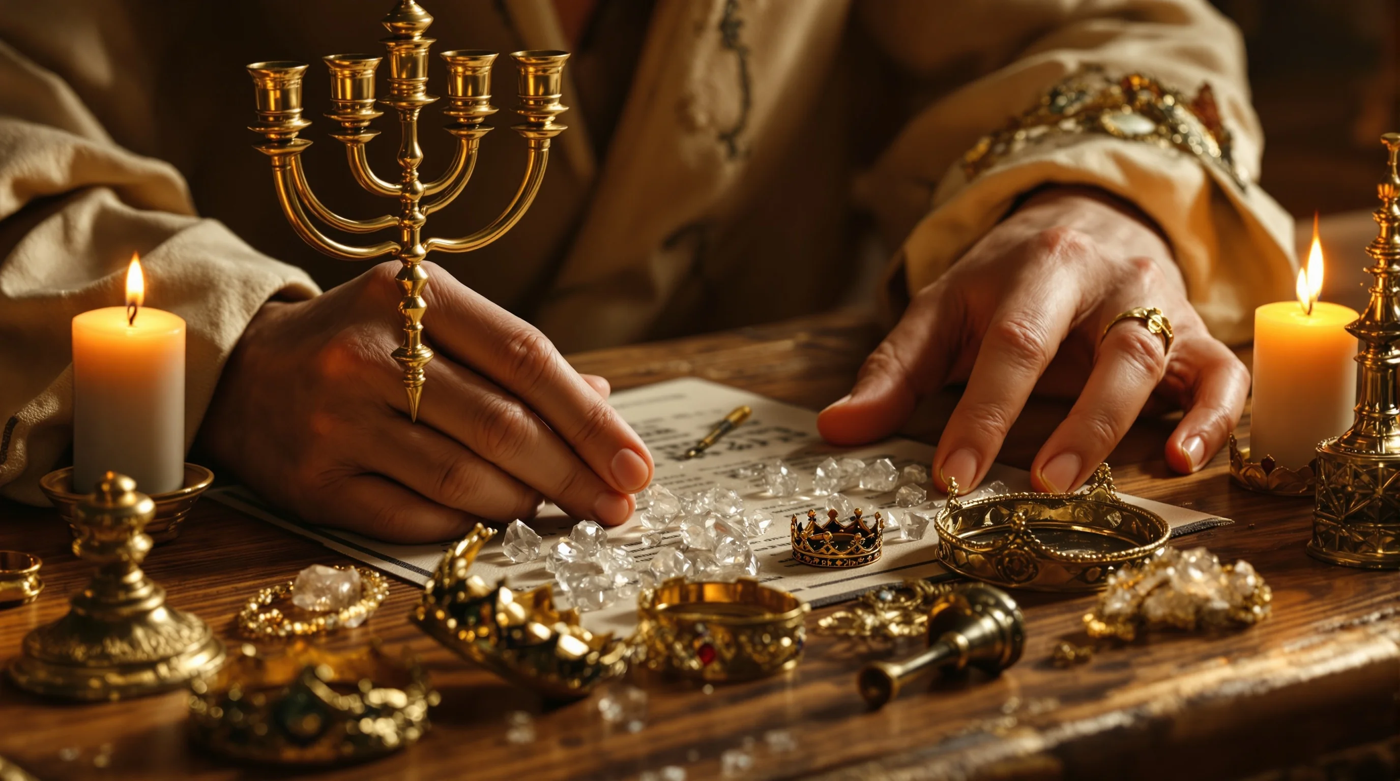 Scholar's hands examining Revelation symbolism artifacts including menorah, gems, crowns, and trumpets on wooden table