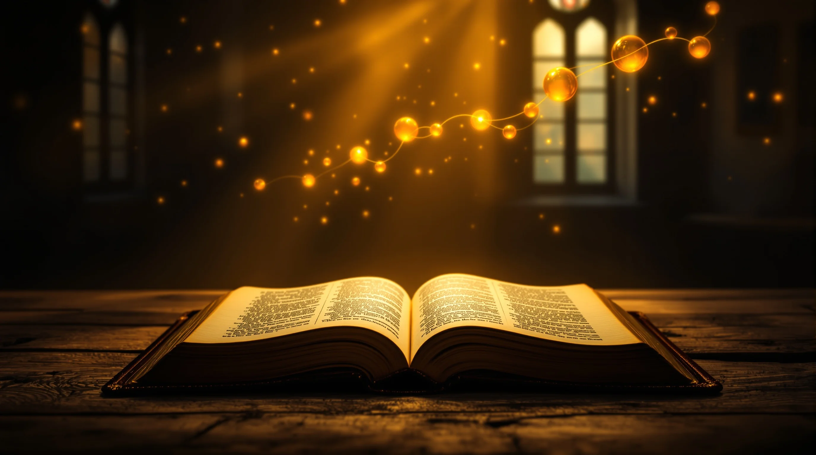 Ancient Bible on weathered wood with glowing golden timeline orbs floating above, bathed in dramatic warm light