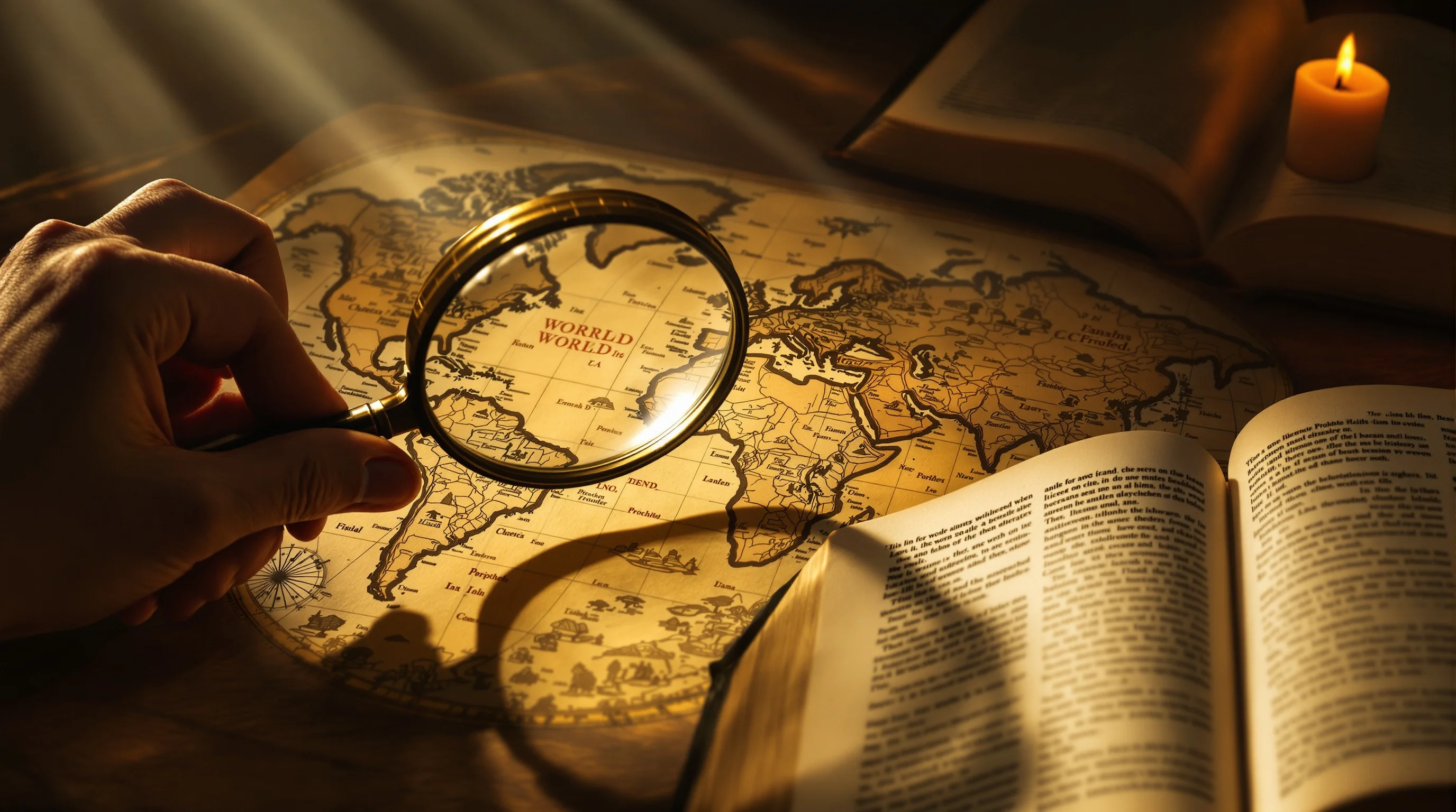 Hands holding magnifying glass over ancient world map beside open Bible, symbolizing dispensationalism study and prophetic interpretation