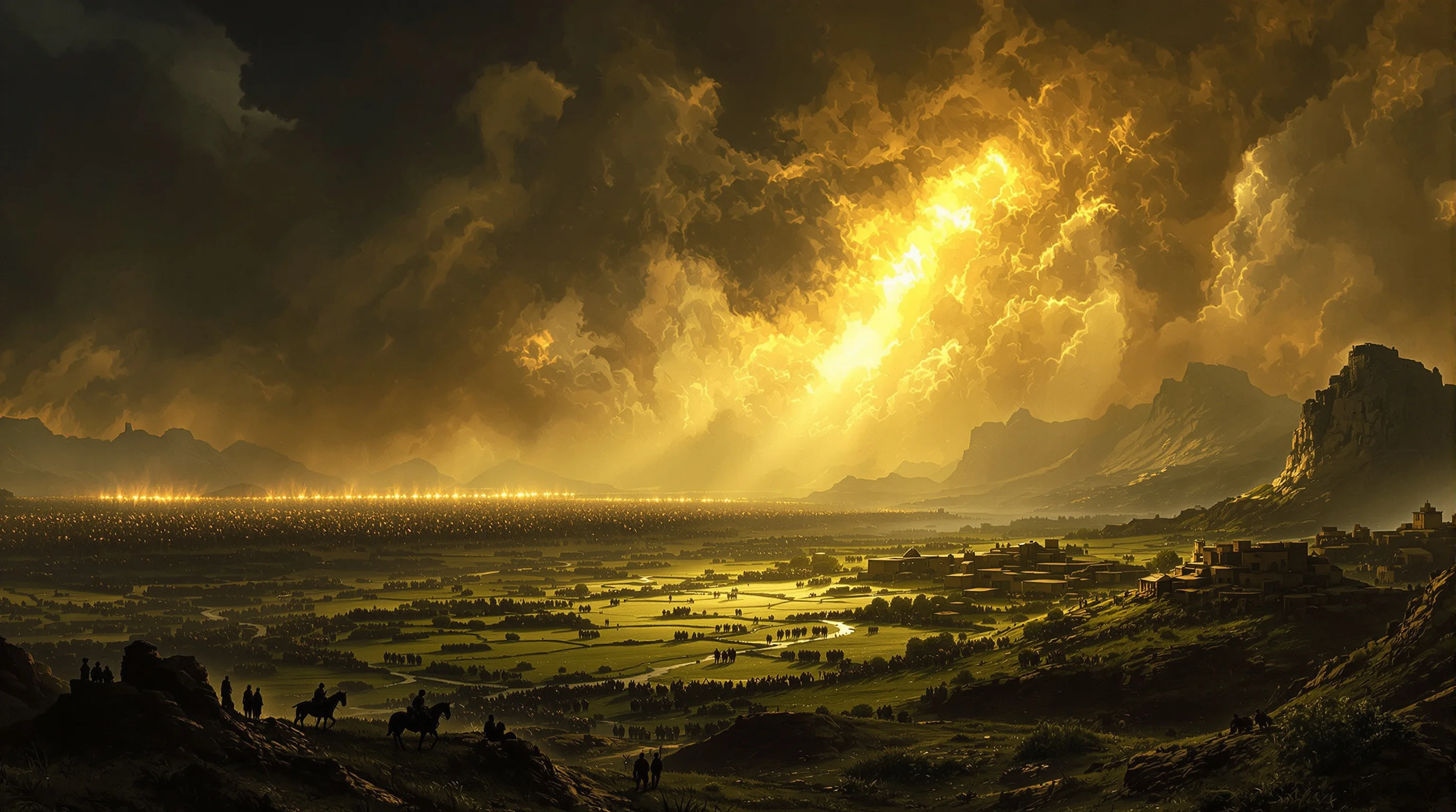 Ezekiel 38 Gog and Magog armies gathering on horizon above peaceful biblical village