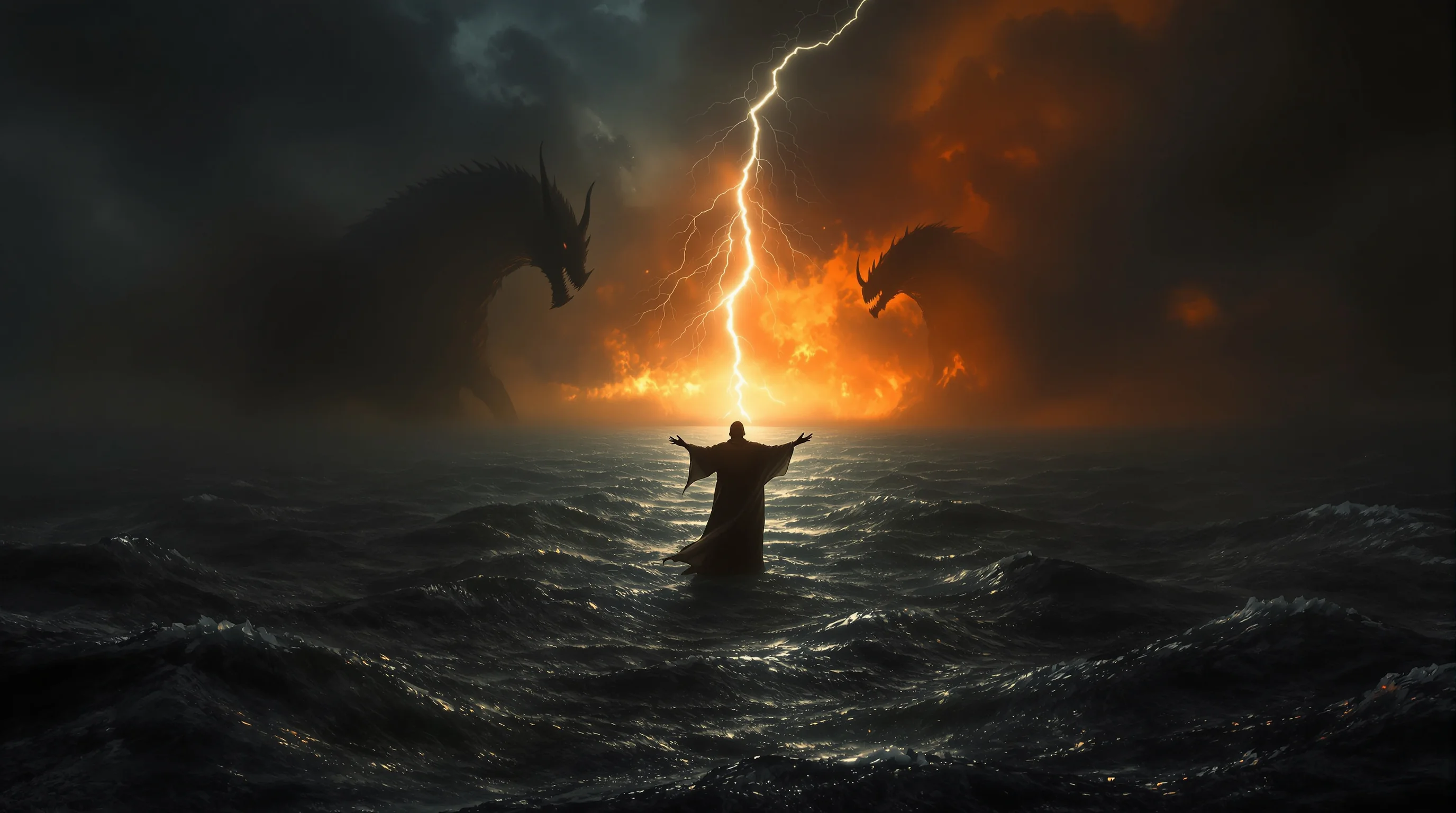 Symbolic depiction of the false prophet in Revelation with beasts rising from a stormy apocalyptic sea