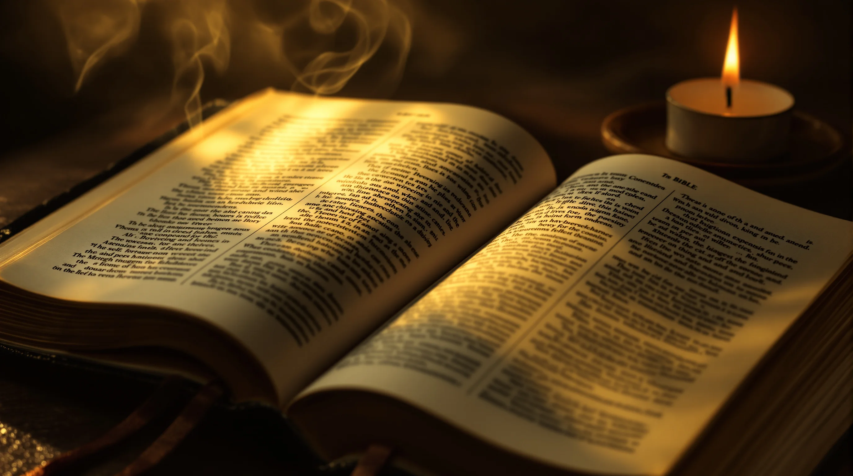 Antique Bible by candlelight, symbolizing the search for the false prophet in Revelation