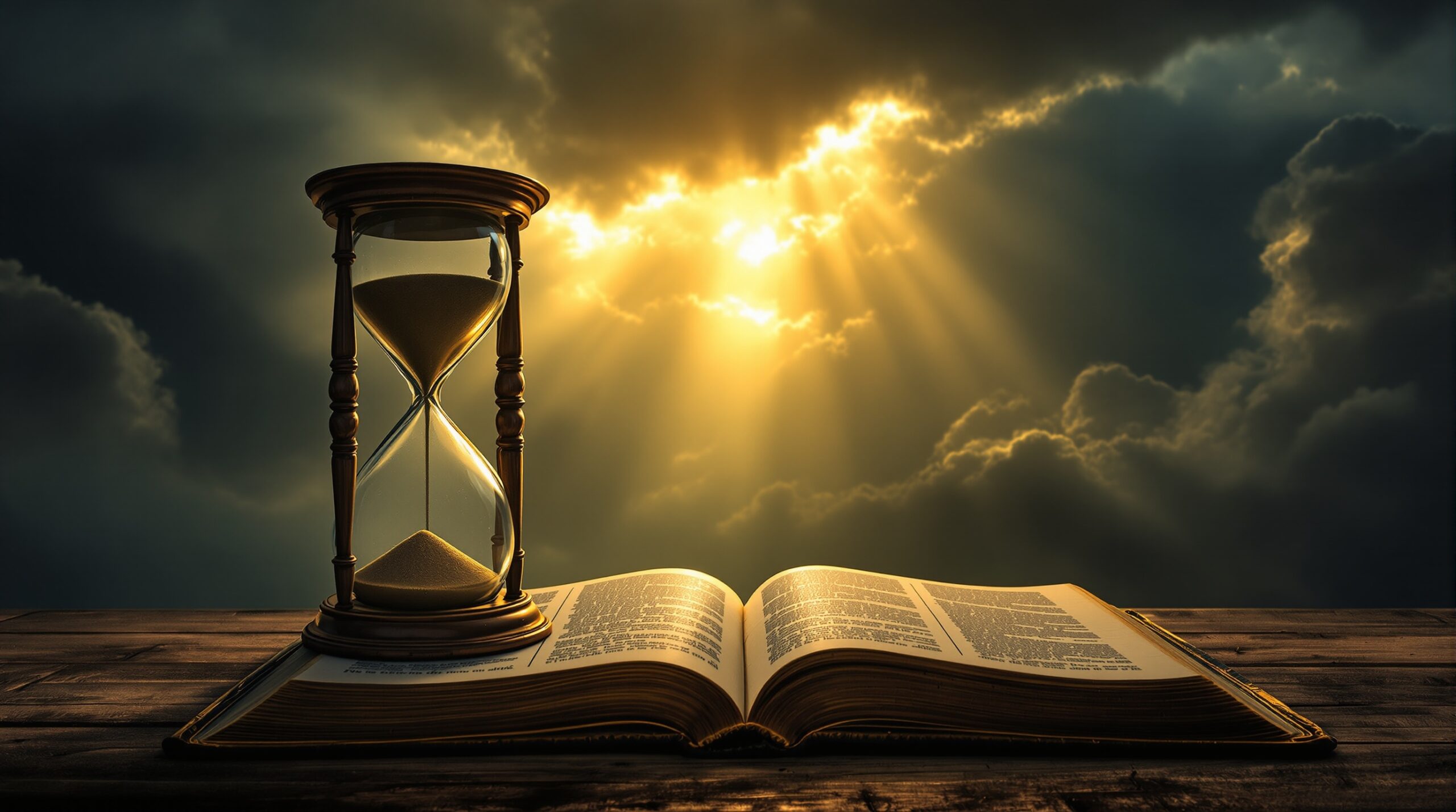 Ancient hourglass and open Bible against stormy sky with divine light, symbolizing the great tribulation timing mystery