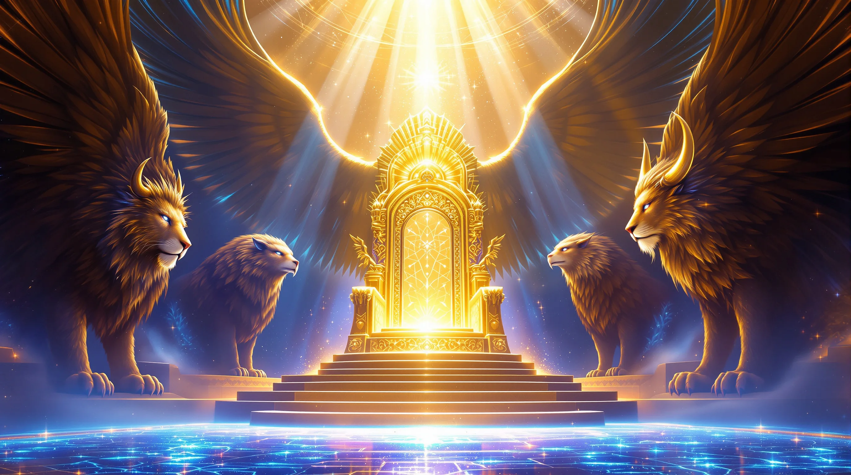 Four living creatures—lion, ox, man, and eagle—surround a radiant celestial throne in golden and sapphire heavenly light.