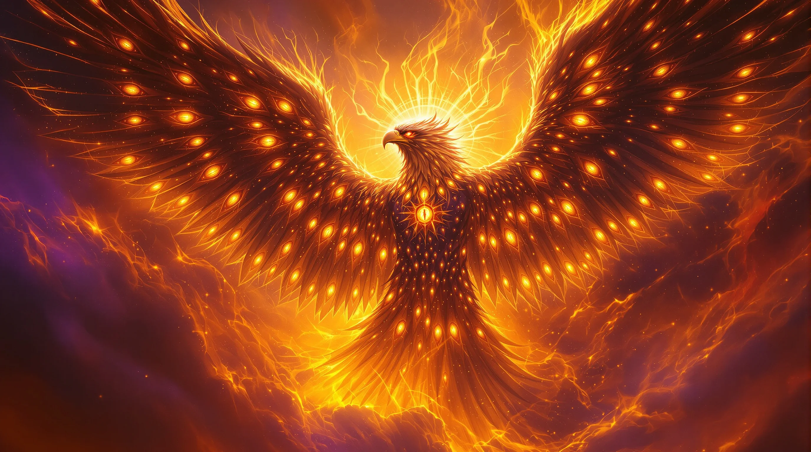 A divine living creature with eagle-like wings covered in glowing eyes, surrounded by holy fire and radiant golden light.