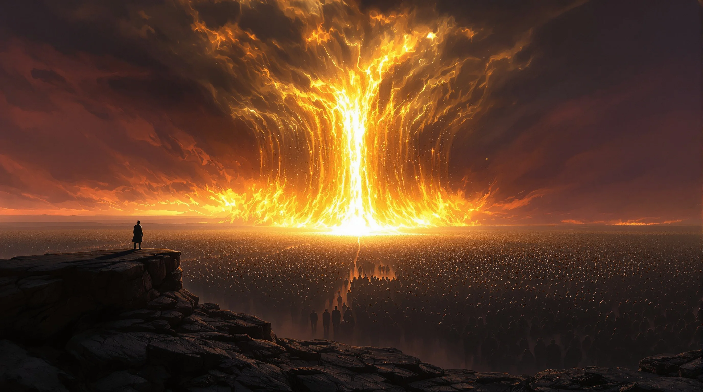 Vast shadowy horde beneath a stormy sky as divine fire descends in golden columns — depicting Gog and Magog's judgment in Revelation.