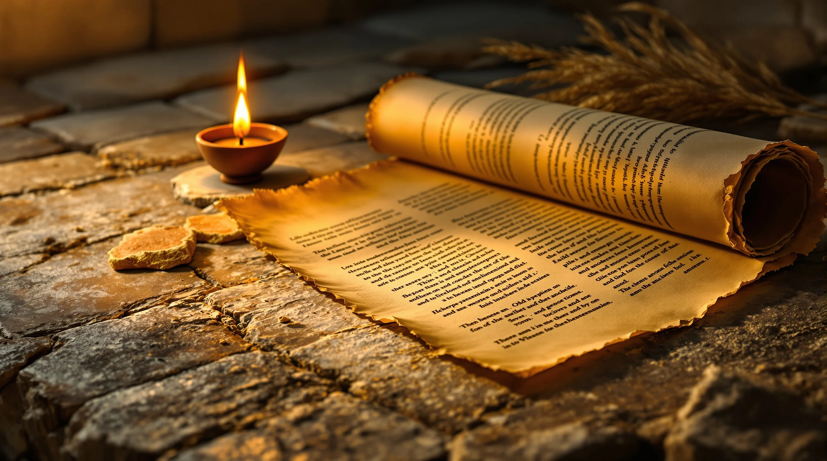 Ancient open scroll on weathered stone beside a clay oil lamp, evoking Old Testament prophecy about Gog and Magog.