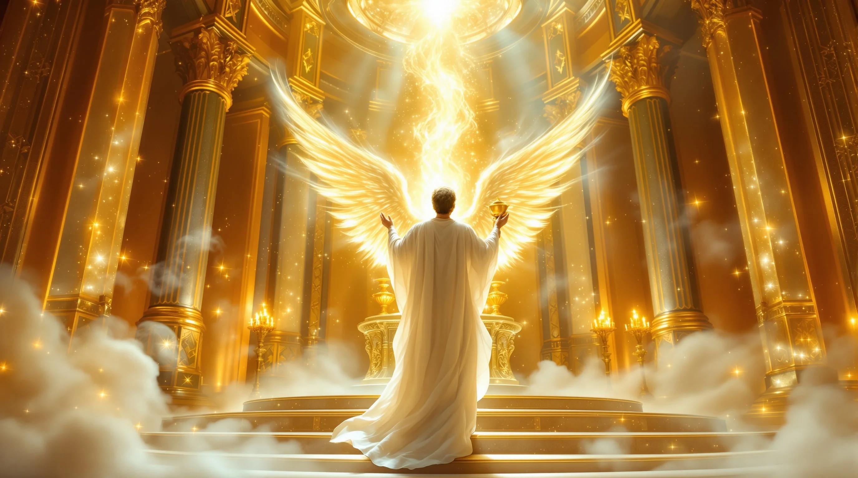Angel holding golden censer before heavenly altar with rising incense smoke in divine throne room