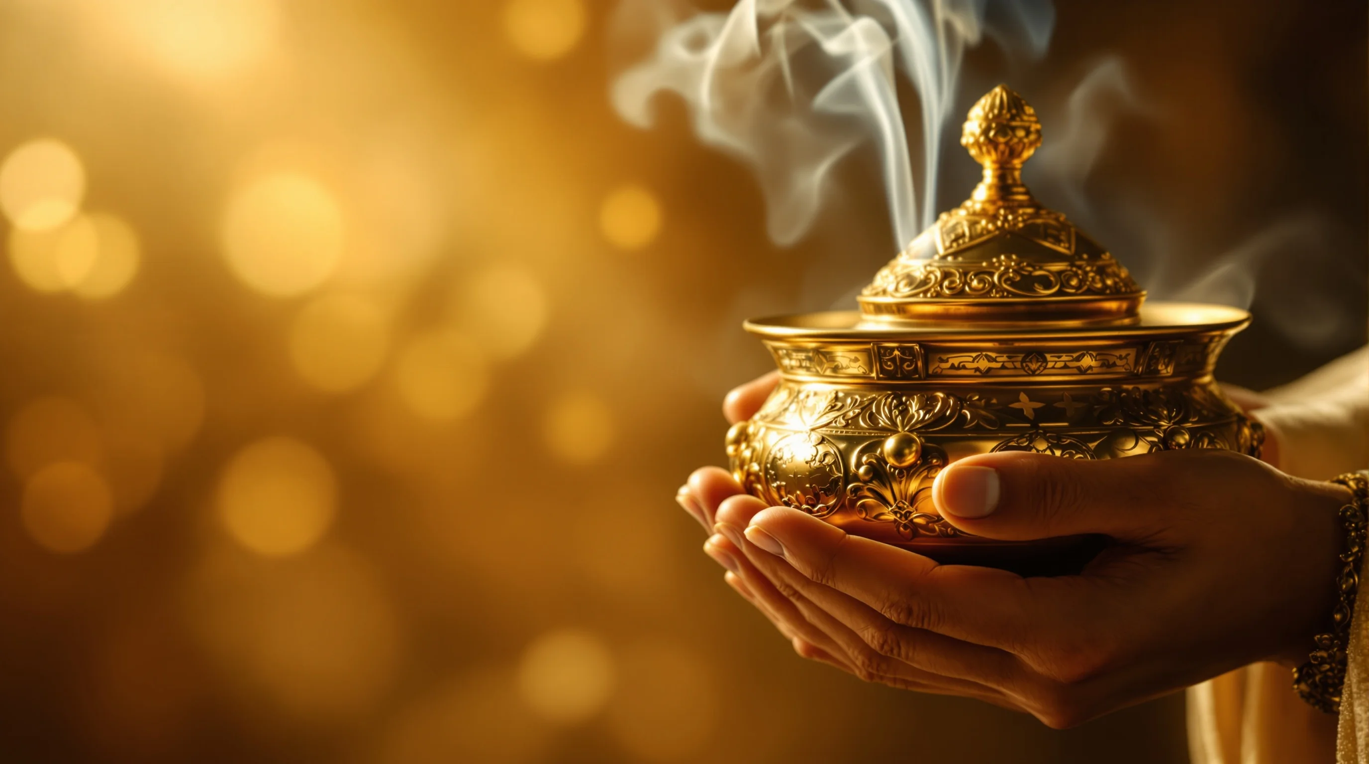 Ornate golden censer held in hands with incense smoke rising, featuring intricate biblical-era engravings and chains