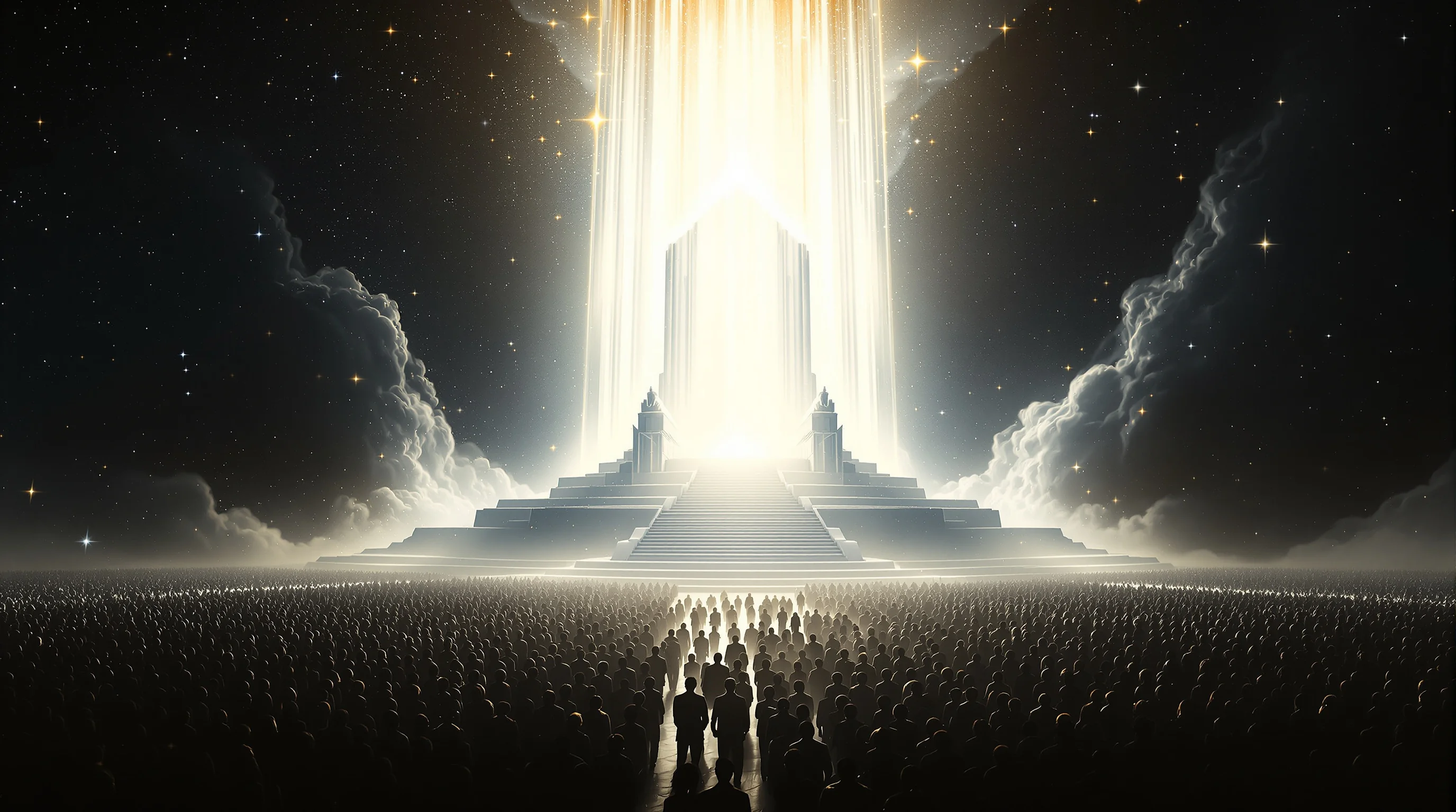Luminous white throne in cosmic darkness with countless silhouetted figures below, depicting the Great White Throne Judgment
