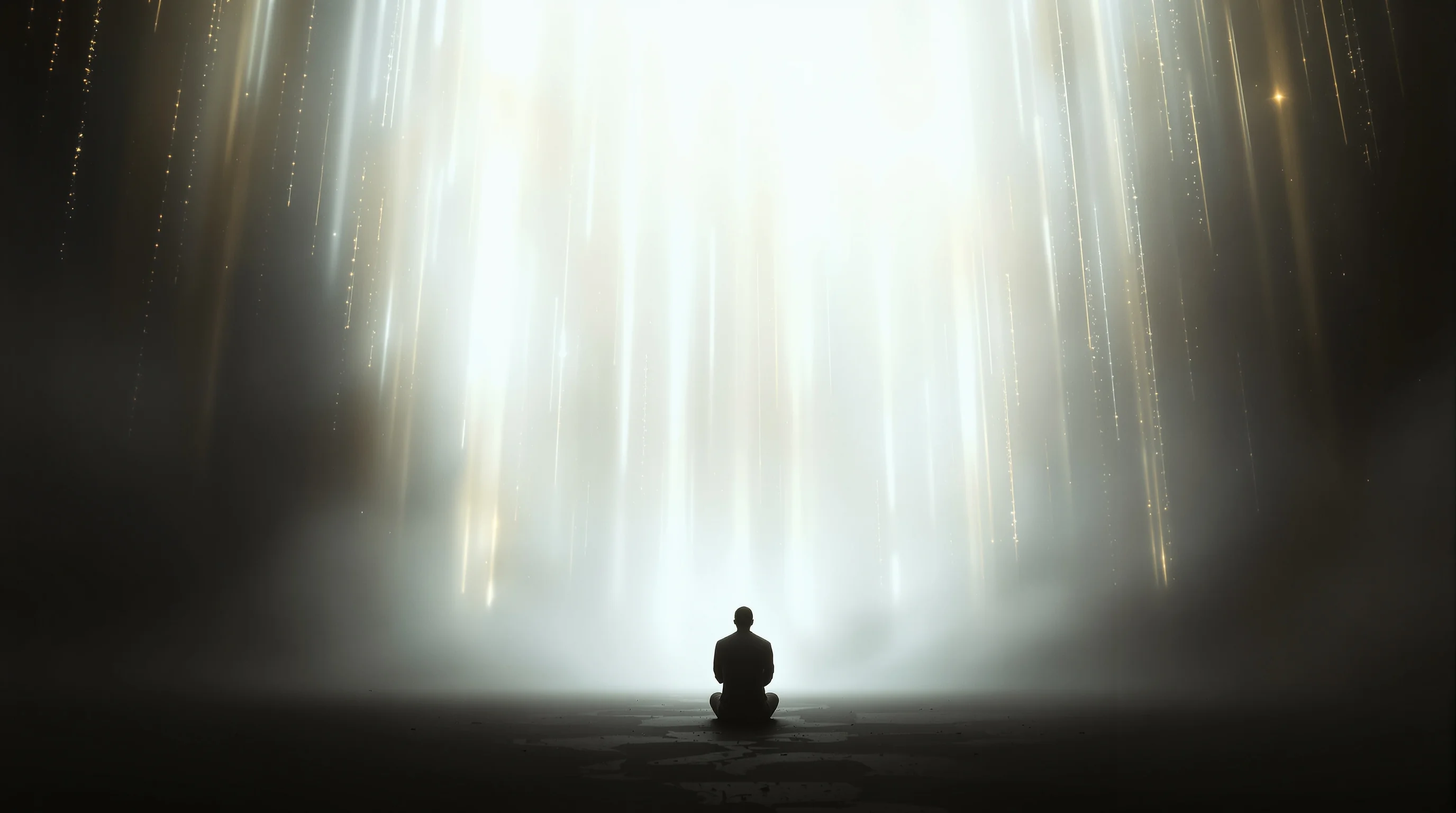 Silhouetted figure kneeling in humble submission before overwhelming divine white and golden light, representing the Great White Throne Judgment