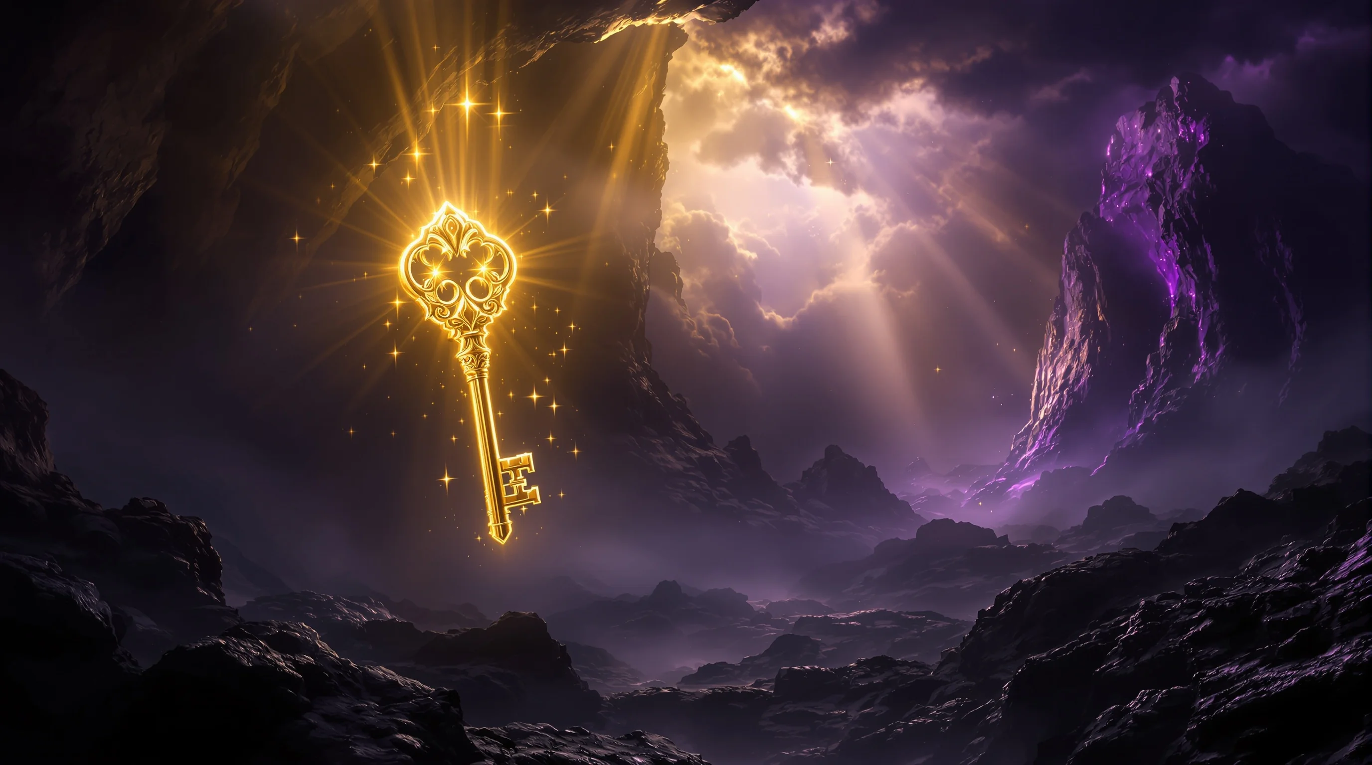 Golden divine keys floating above dark underworld landscape representing Hades in biblical Revelation