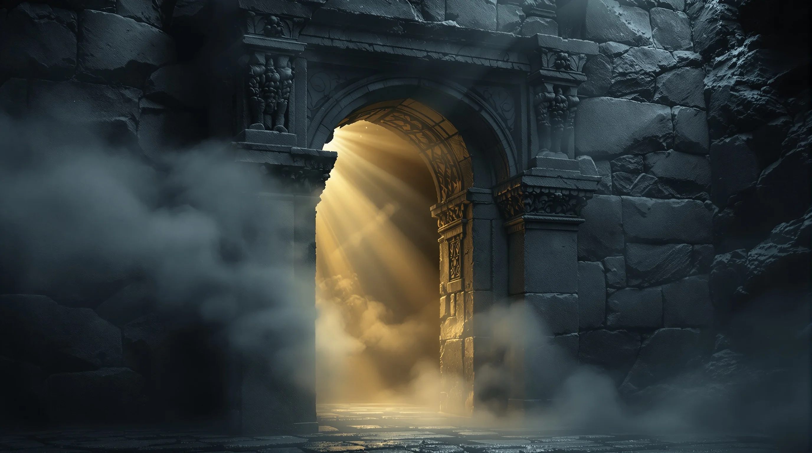 Ancient stone gateway shrouded in mist with divine light breaking through darkness, symbolizing Hades in Revelation