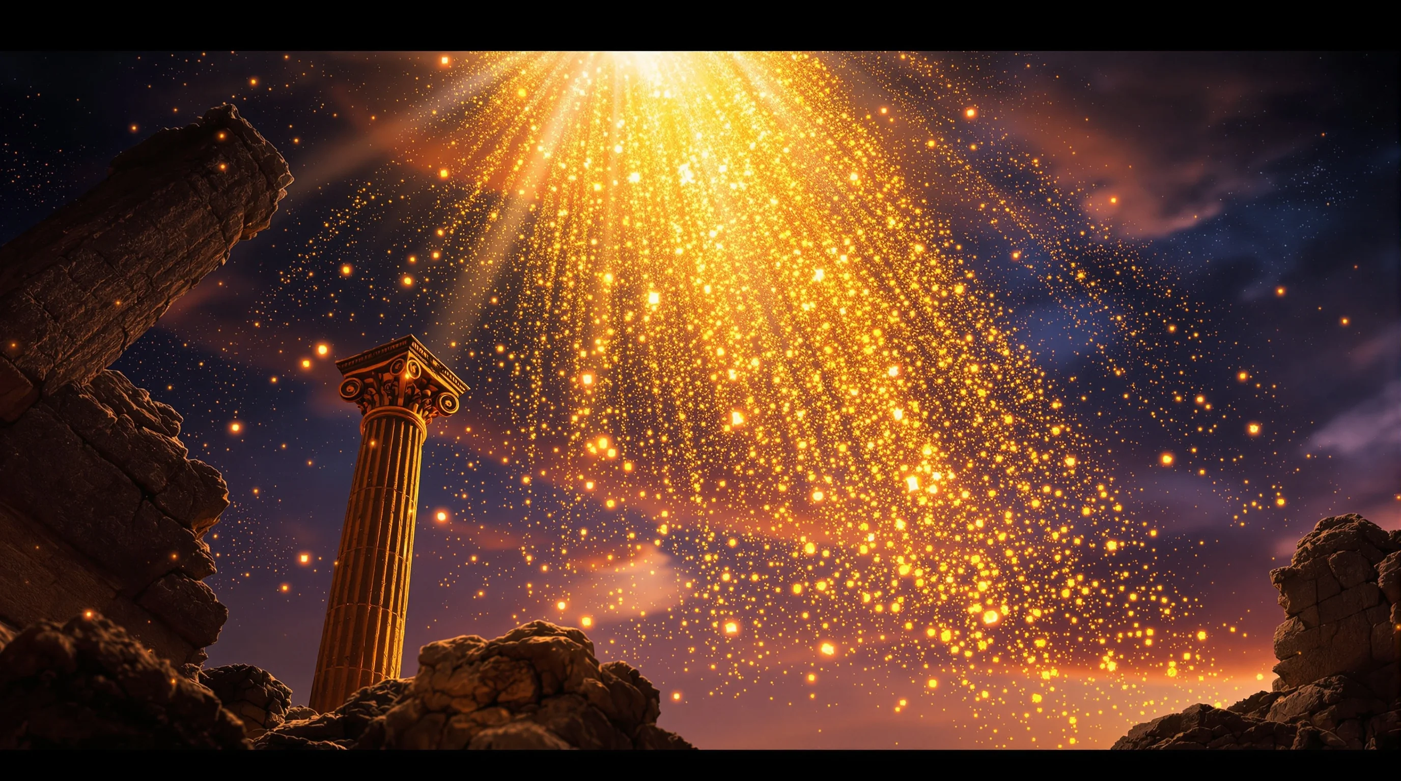 Golden manna particles falling from heaven over ancient stone ruins, depicting the biblical hidden manna in Revelation