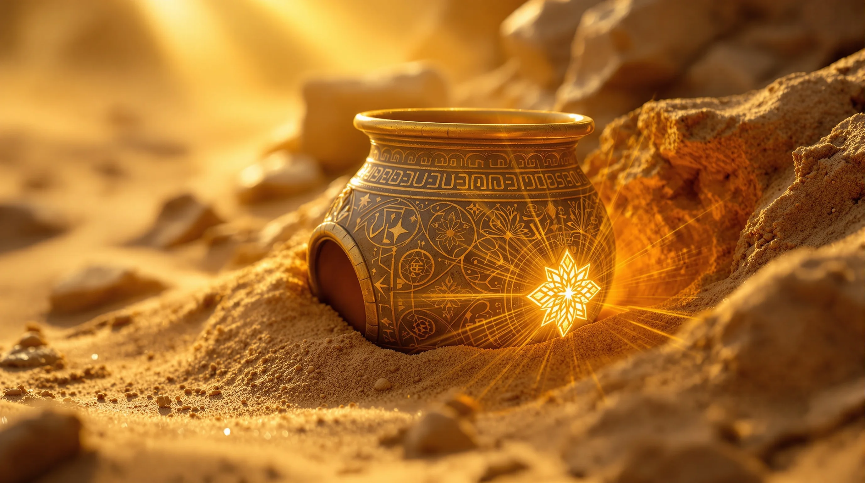 Ancient ornate jar glowing with golden light buried in desert sand, symbolizing hidden spiritual treasure and revelation