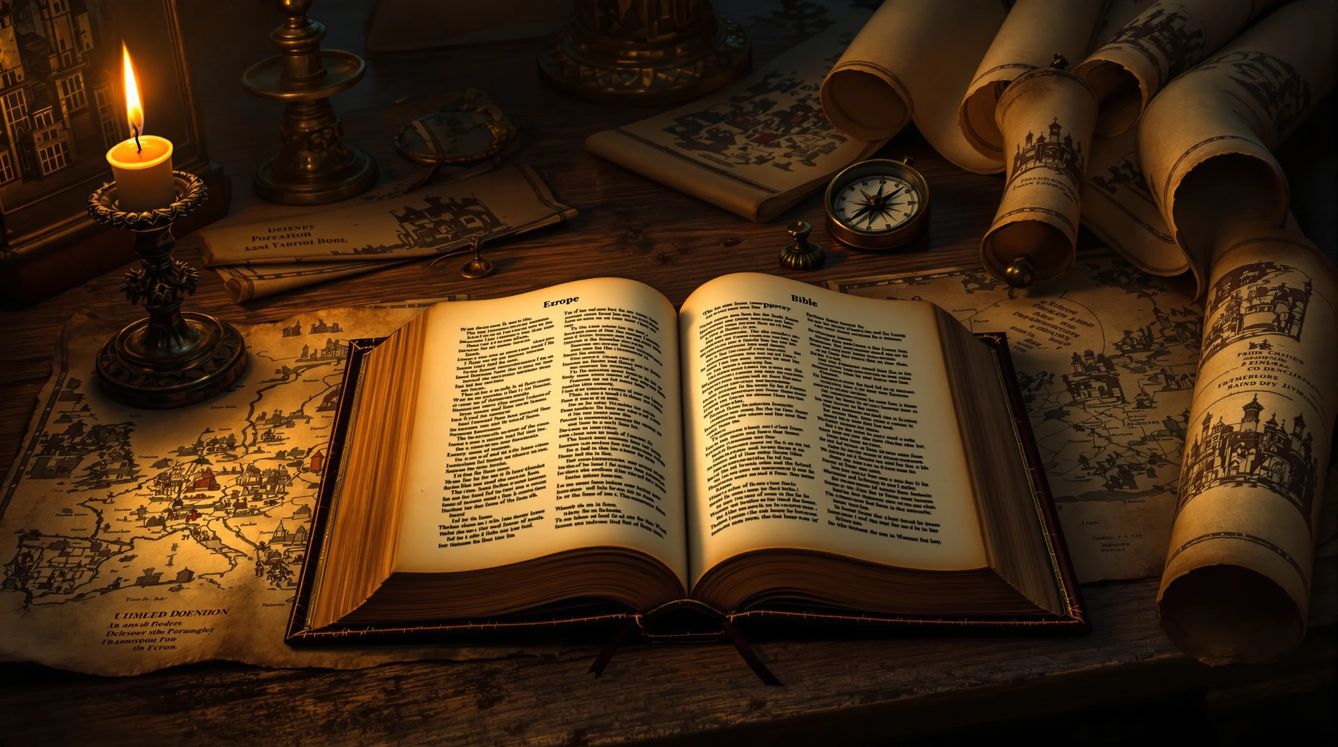 Open Bible with map, compass, and scroll symbolizing historicism and prophecy revelation through history