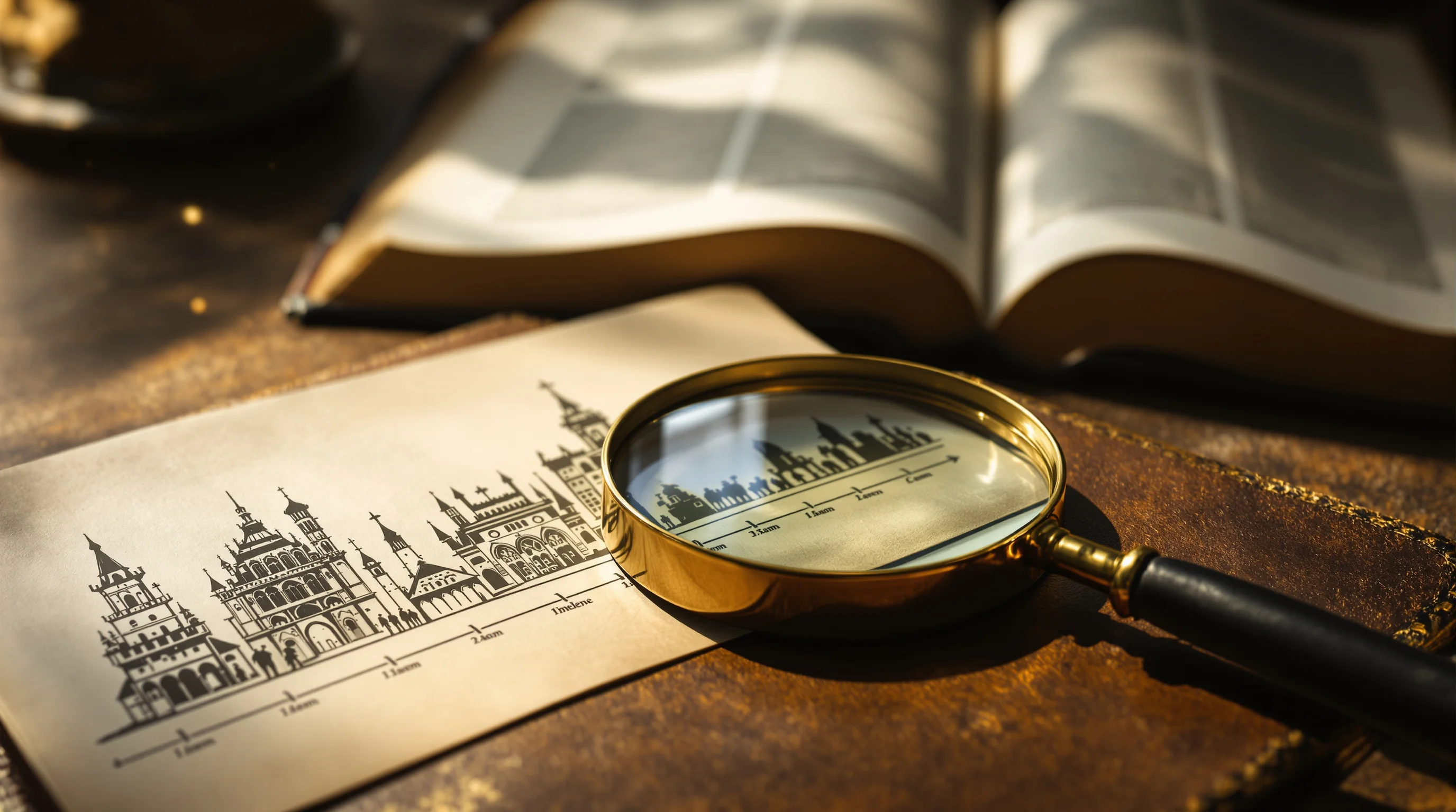 Magnifying glass on commentary book with historical empire timeline, illustrating historicism revelation study