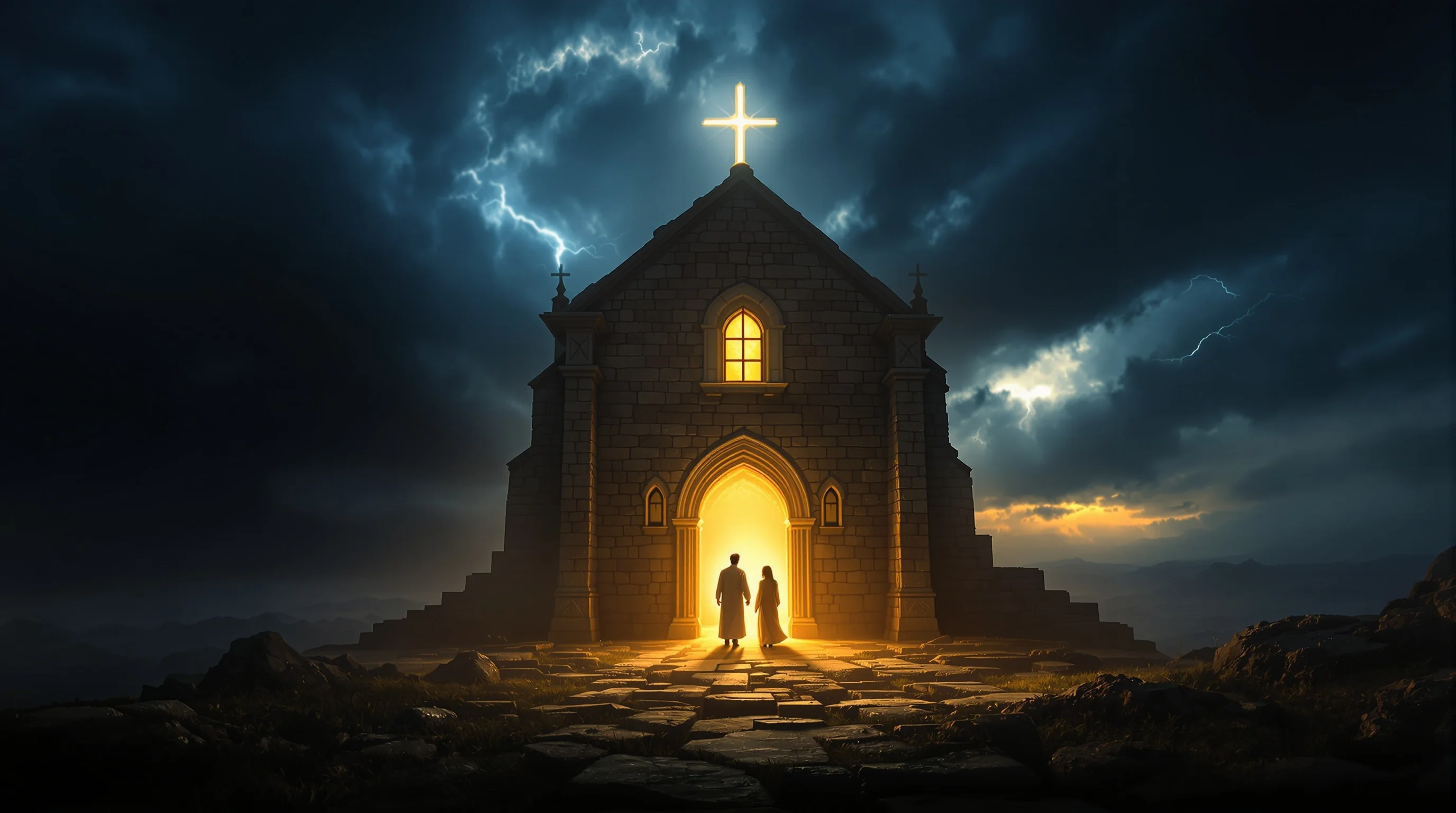 Ancient stone church glowing with golden light amid dark storm, showing divine protection during the hour of trial