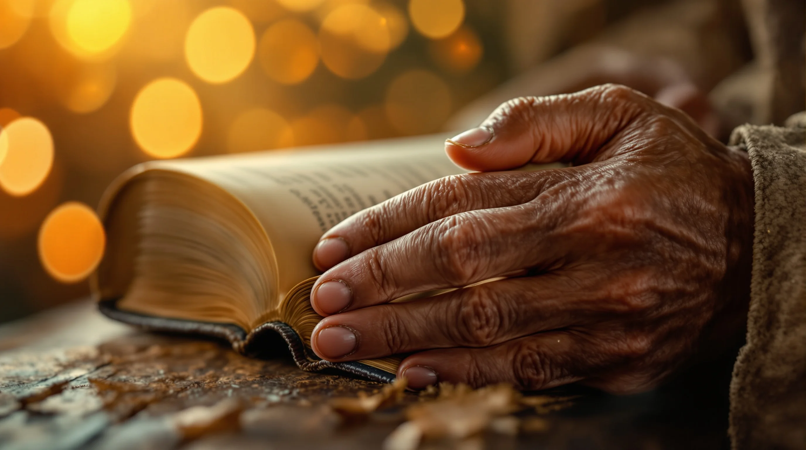 Weathered hands holding open leather Bible with warm light, symbolizing faithful study of Revelation's hour of trial
