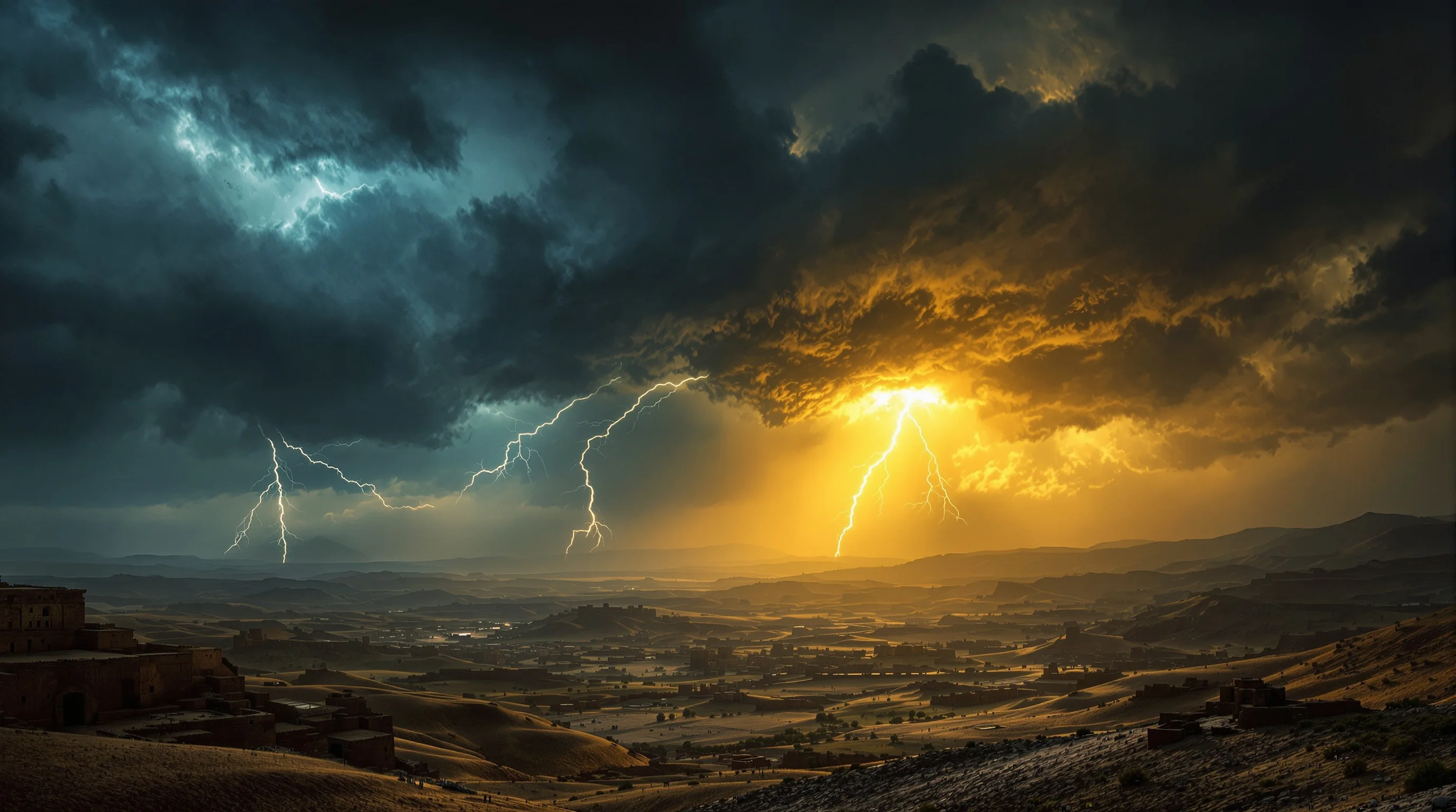 Dramatic biblical apocalyptic scene with stormy clouds, lightning, and divine light beams over ancient Middle Eastern landscape
