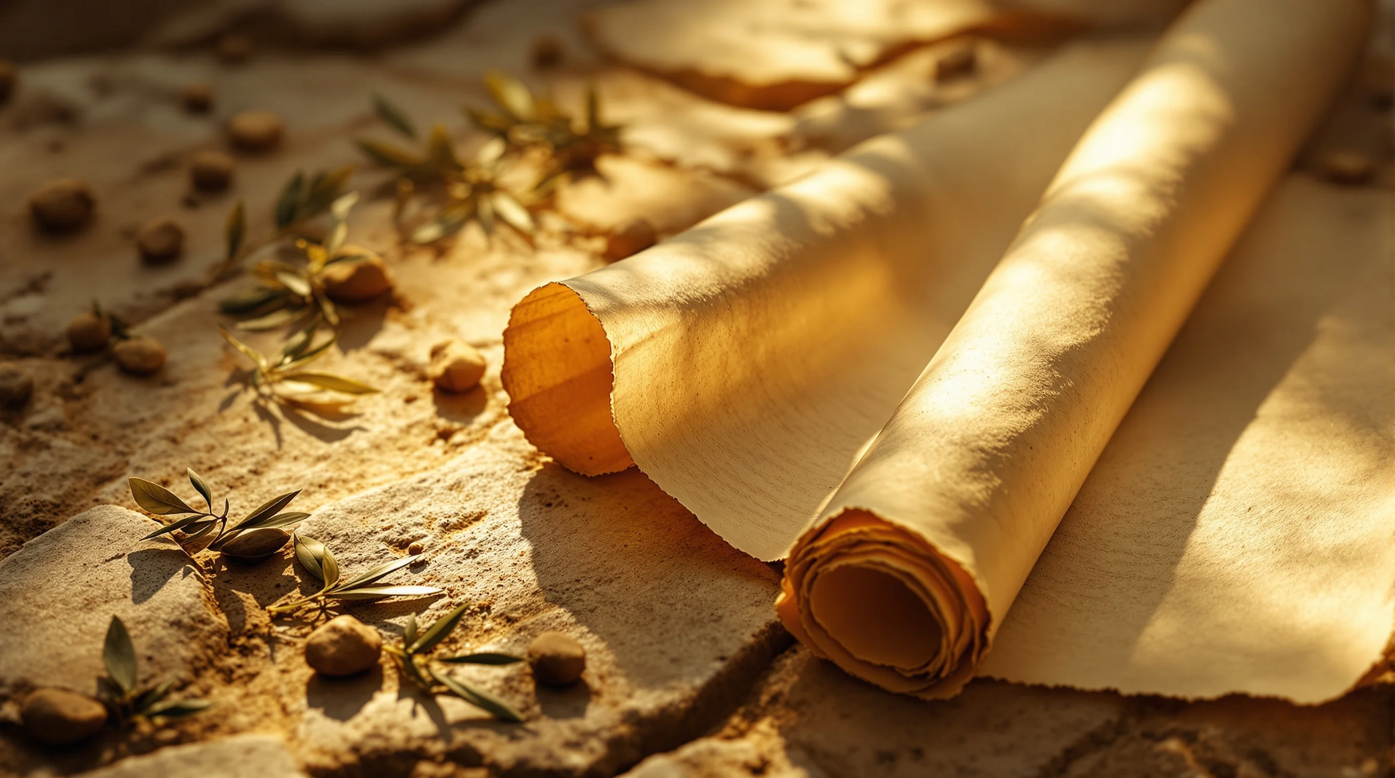 Ancient scroll partially unrolled on weathered stone with golden sunlight, olive leaves nearby for biblical study