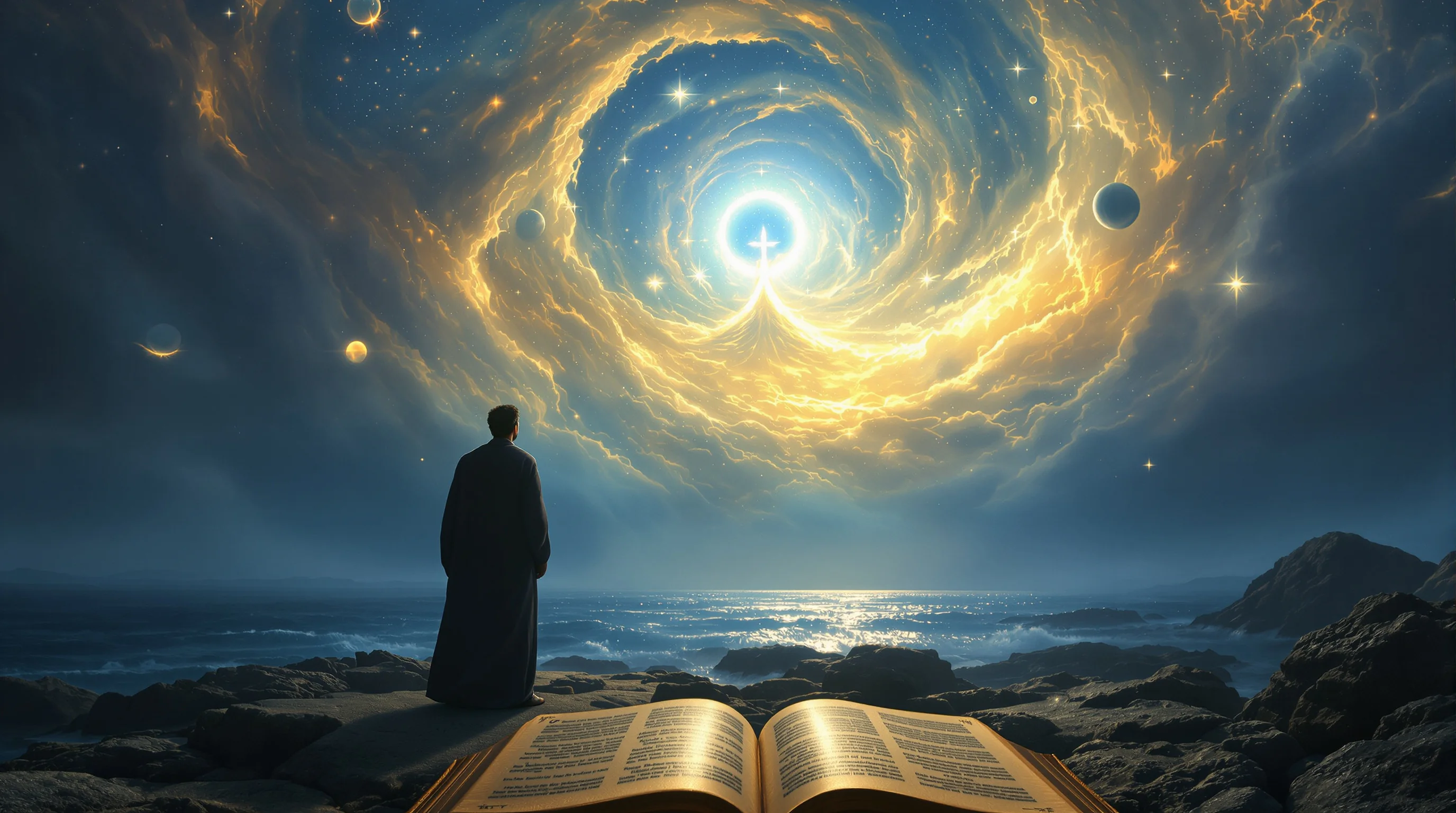 Robed figure on rocky shore beholding symbolic sky, depicting idealism revelation through visionary imagery