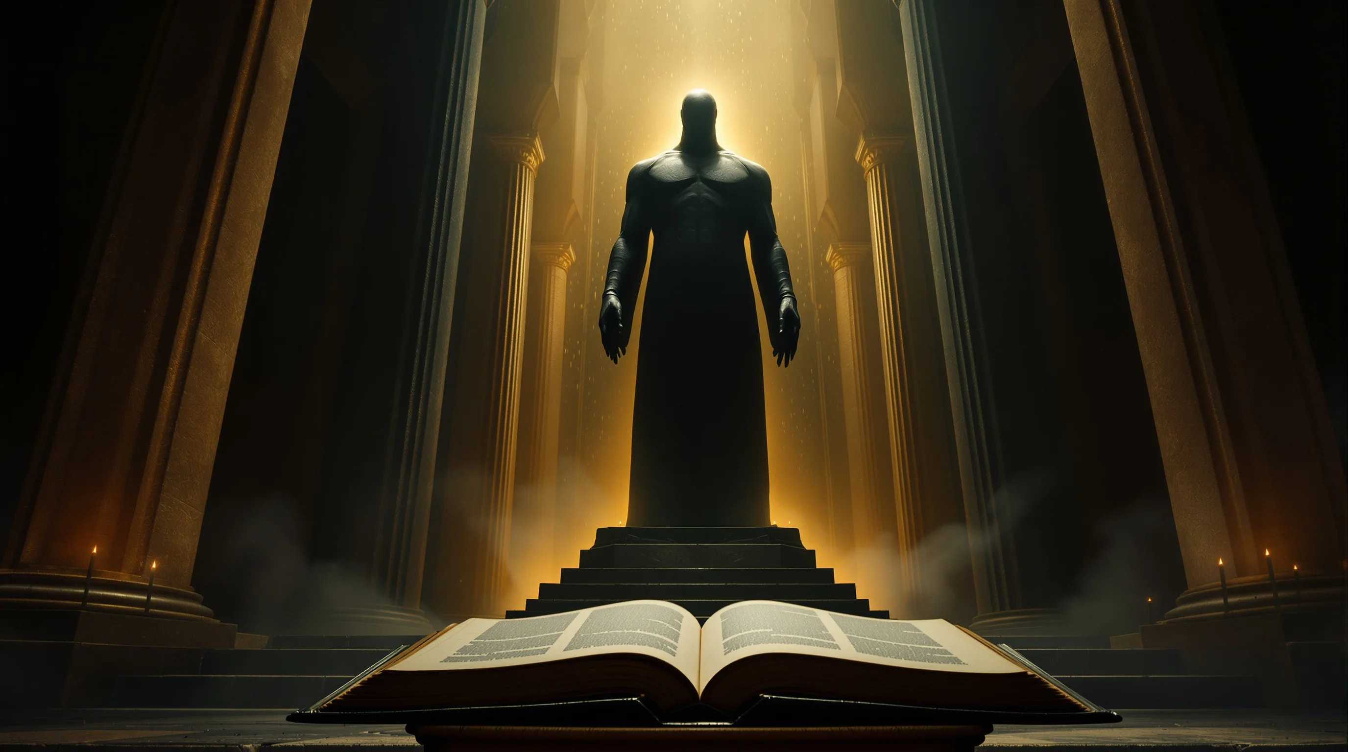 Shadowy statue representing the image of the beast towering over an open Bible in a dark temple