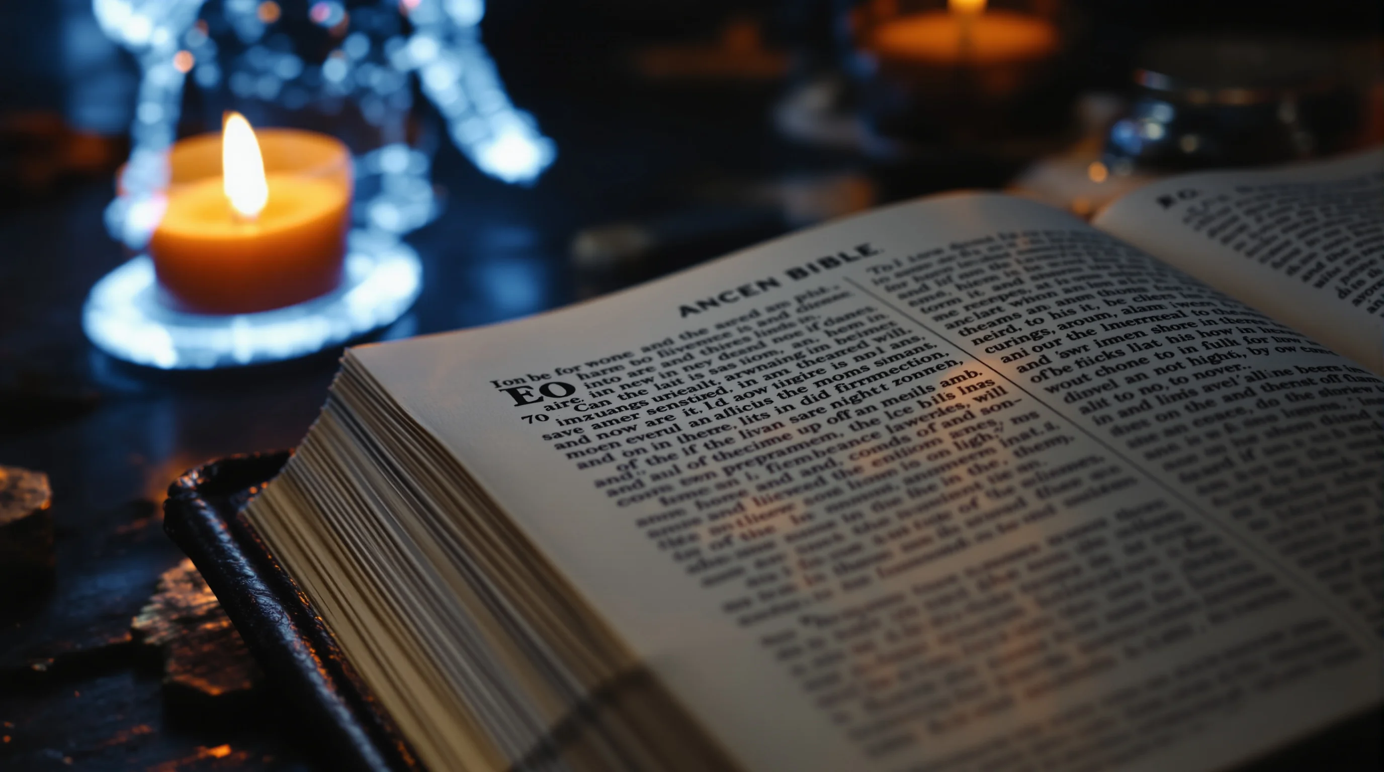 Open Bible glowing with candlelight beside a futuristic hologram, symbolizing the image of the beast