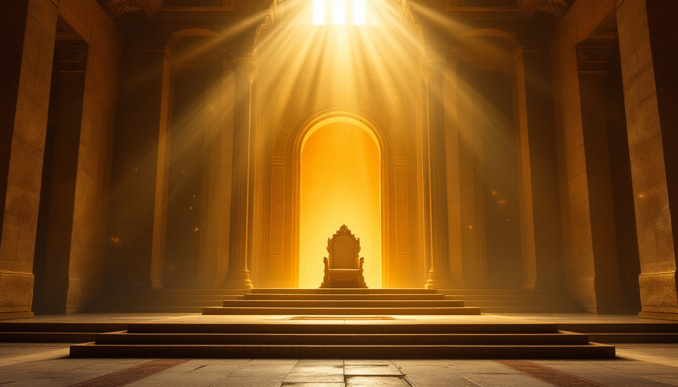 Sunlight streaming through a tall doorway into an ancient stone hall with a single empty throne, evoking hope and a story ending in light.