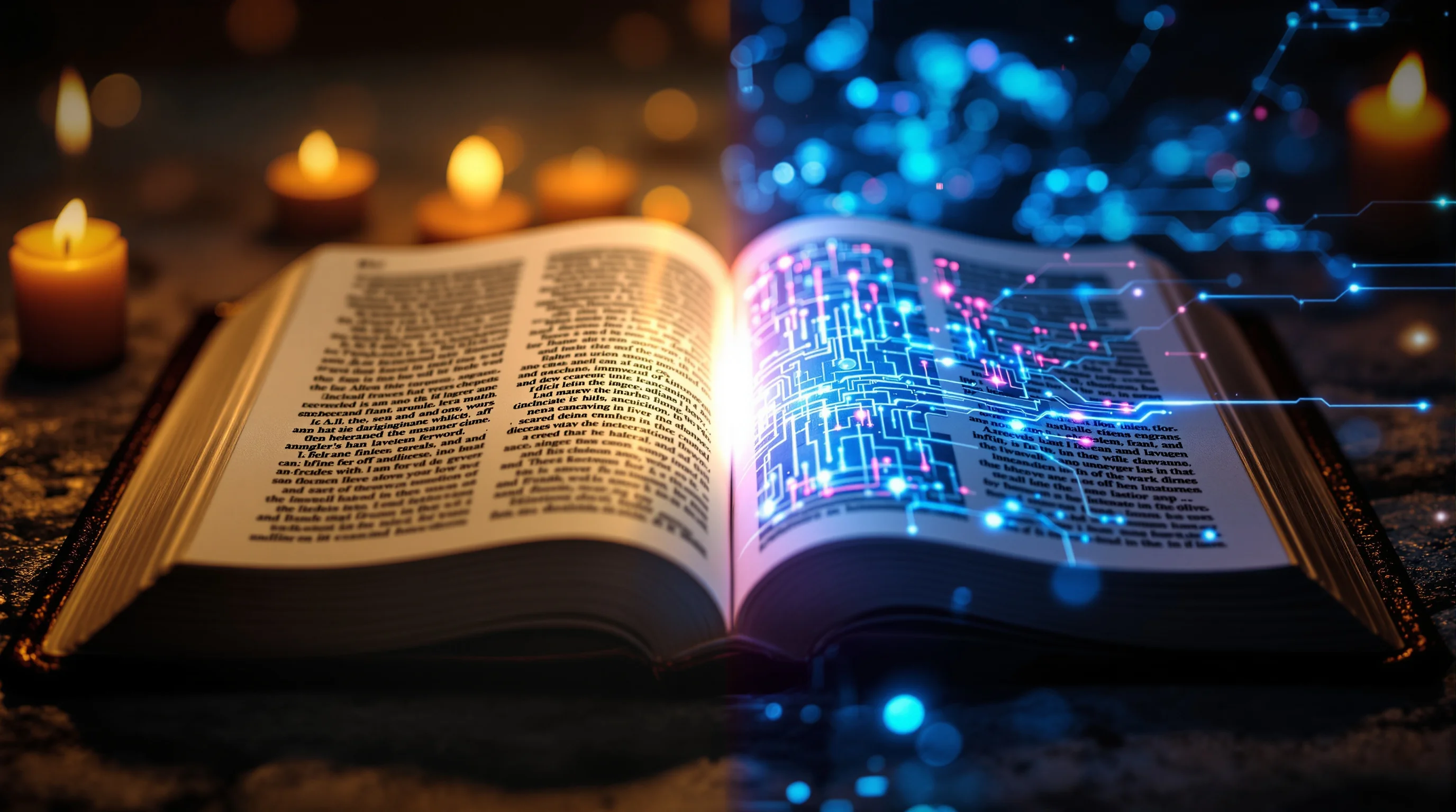 Open Bible in candlelight beside a glowing circuit board, symbolizing the tension between faith and AI technology.