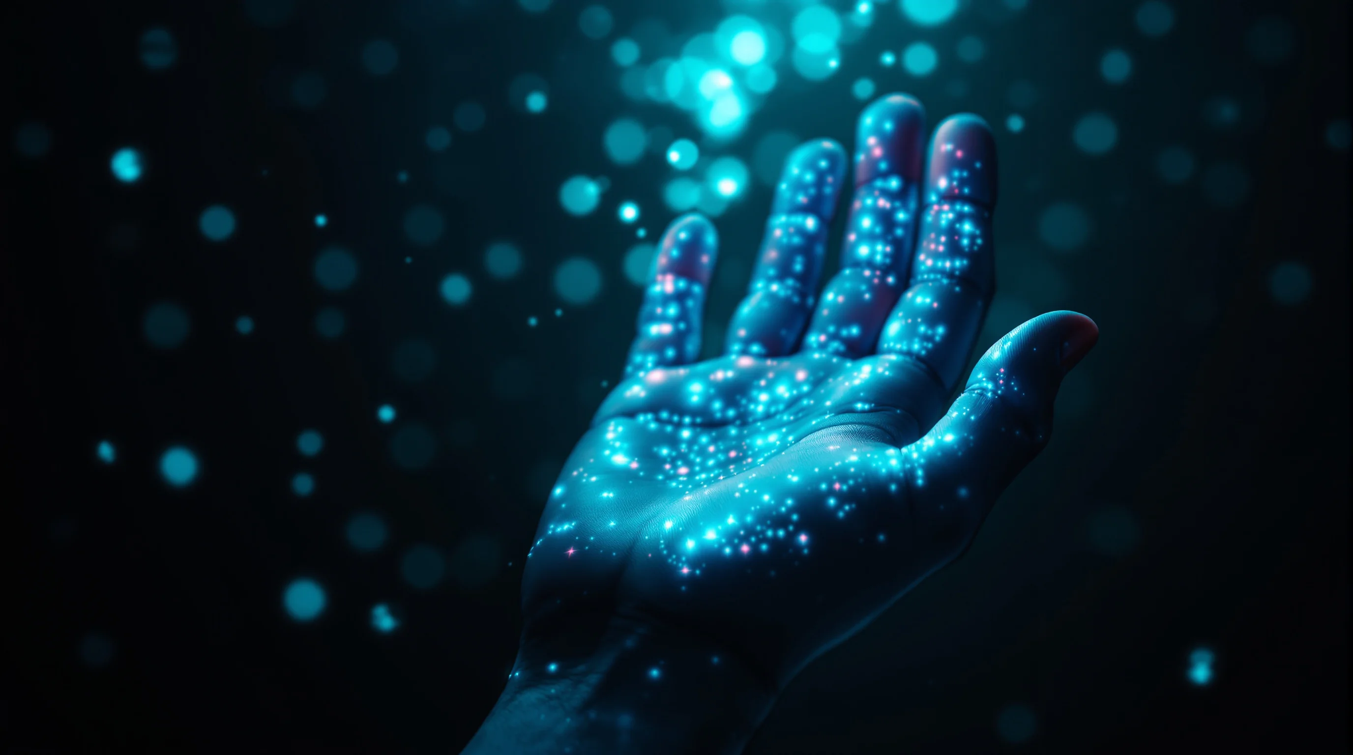 Human hand glowing with holographic circuitry beneath skin, symbolizing AI and the mark of the beast debate