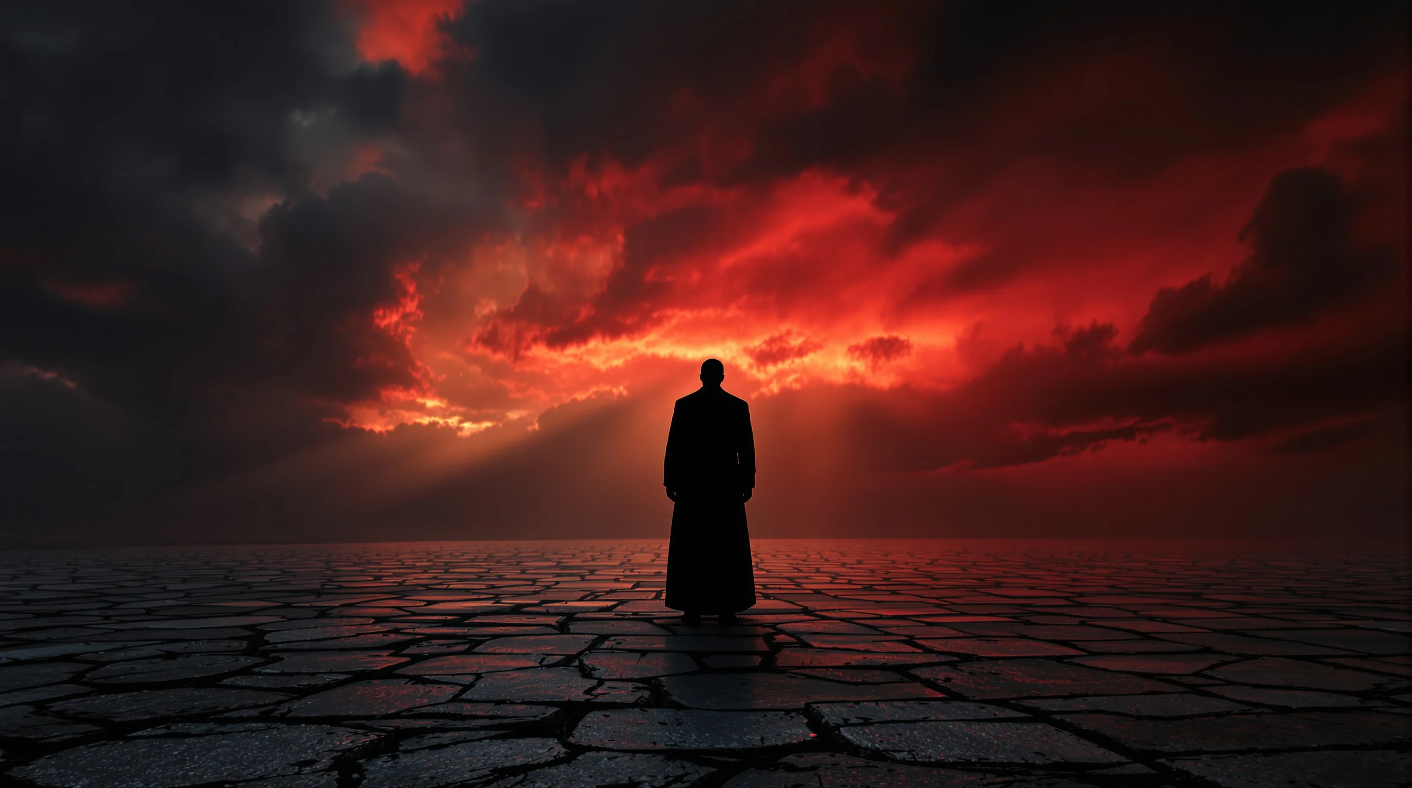 Shadowed silhouette standing alone in ancient stone courtyard beneath dramatic crimson storm clouds at dusk