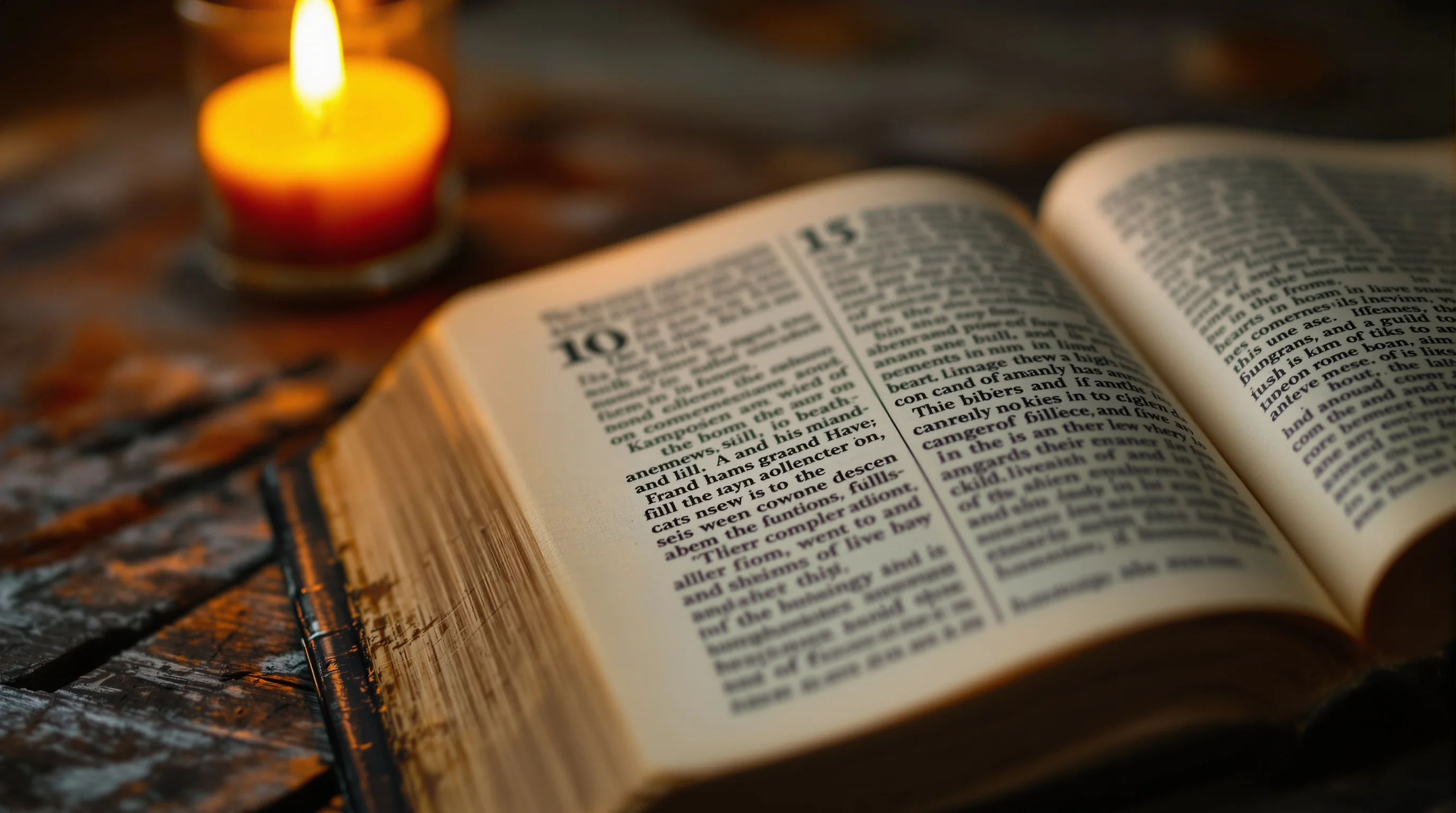 Open ancient Bible on weathered wood illuminated by warm candlelight, evoking contemplative scripture study