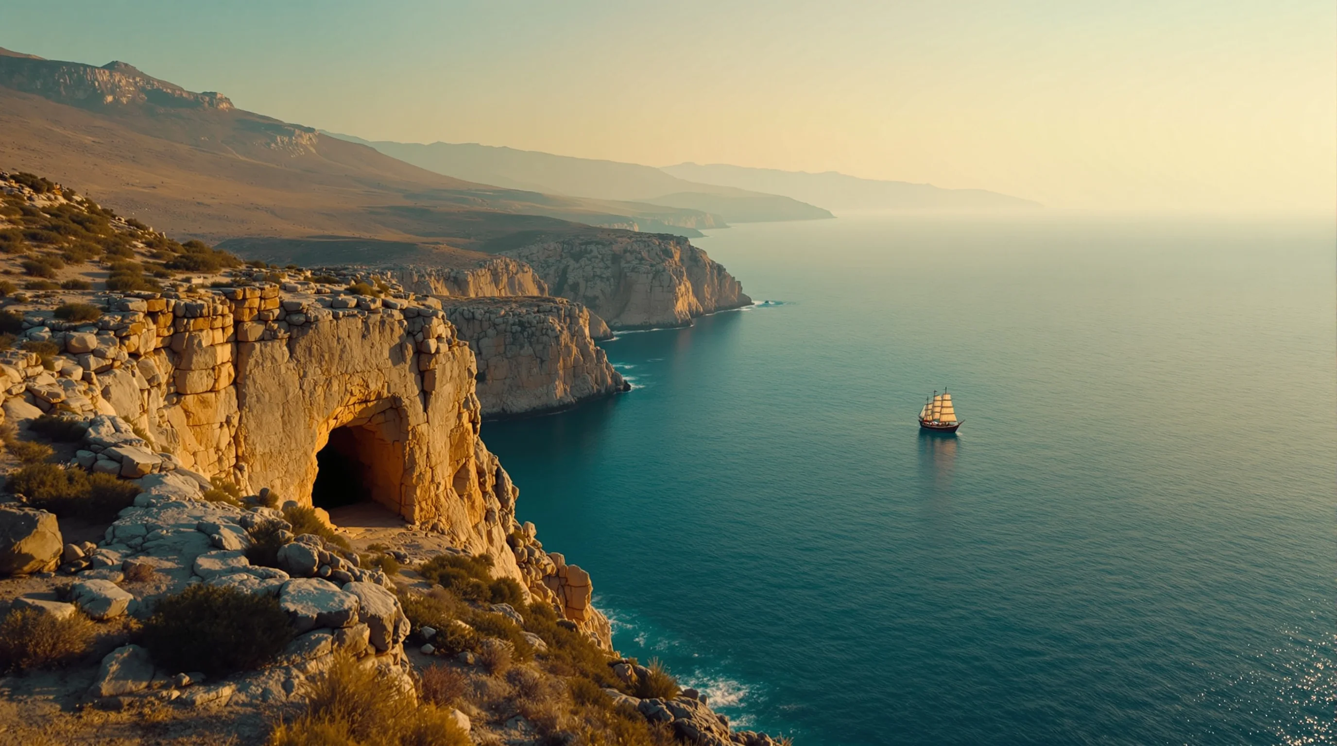 Rugged coastline of the island of Patmos at dawn, where John wrote Revelation in exile