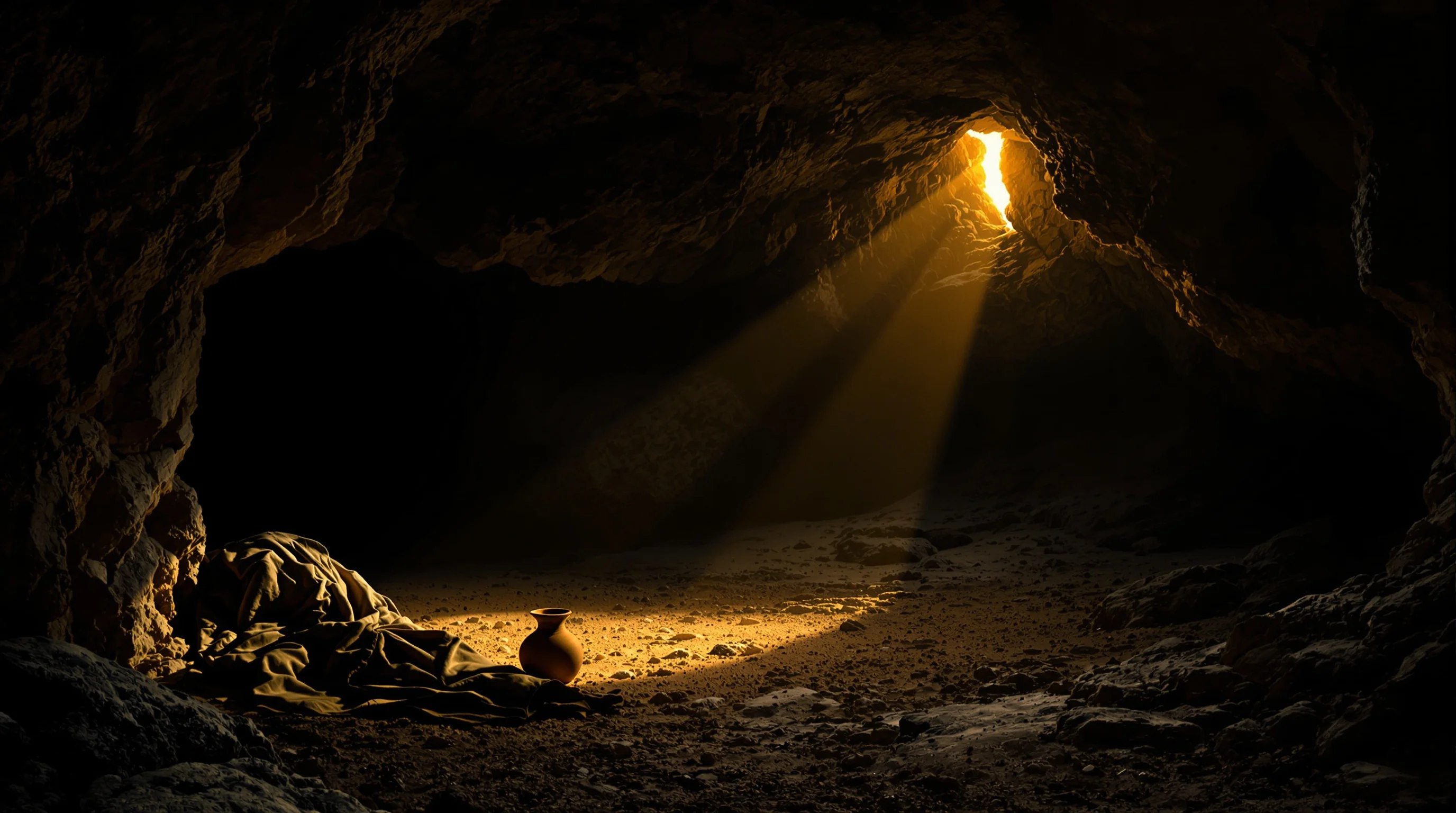 Cave on the island of Patmos with sunlight through rock, evoking John's Revelation exile