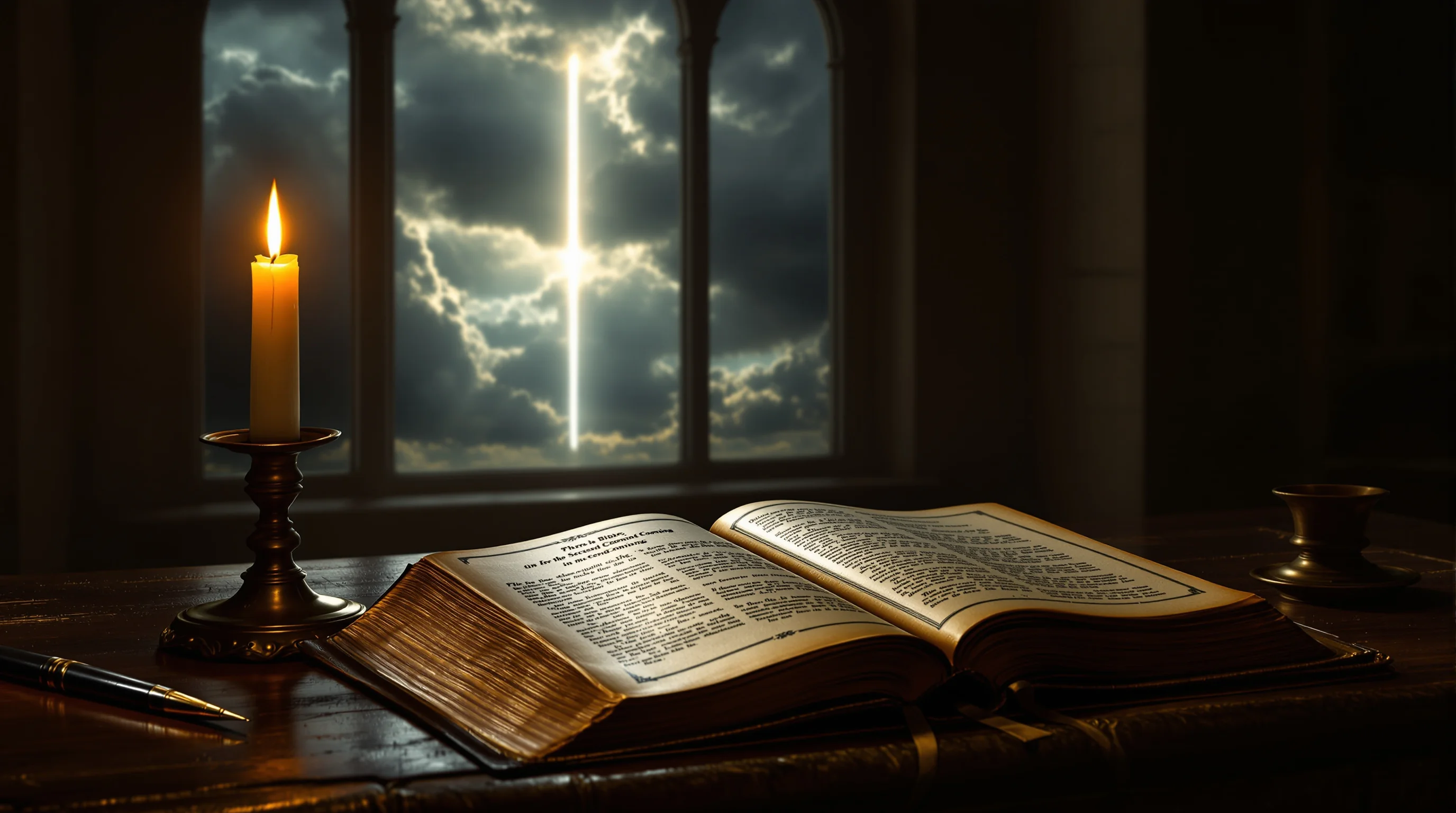 Victorian desk with open Bible, quill, candlelight, and a shaft of light through stormy clouds symbolizing Christ's Second Coming