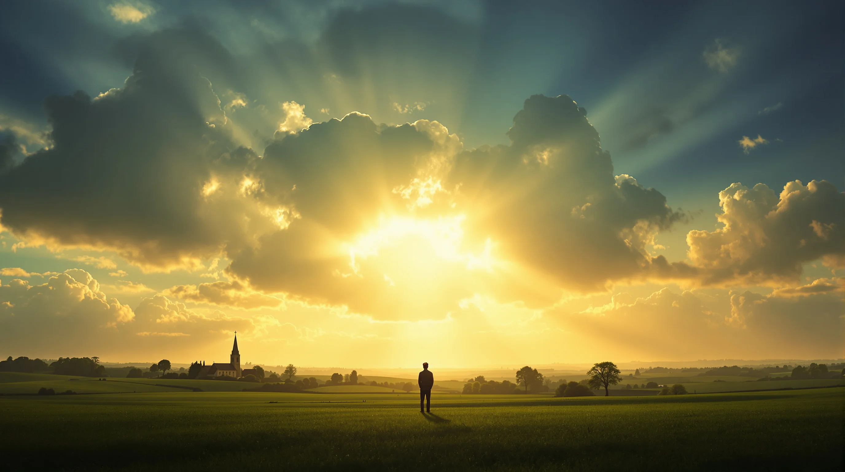 Lone figure gazing at radiant light breaking through dramatic clouds over an English countryside with a stone church steeple
