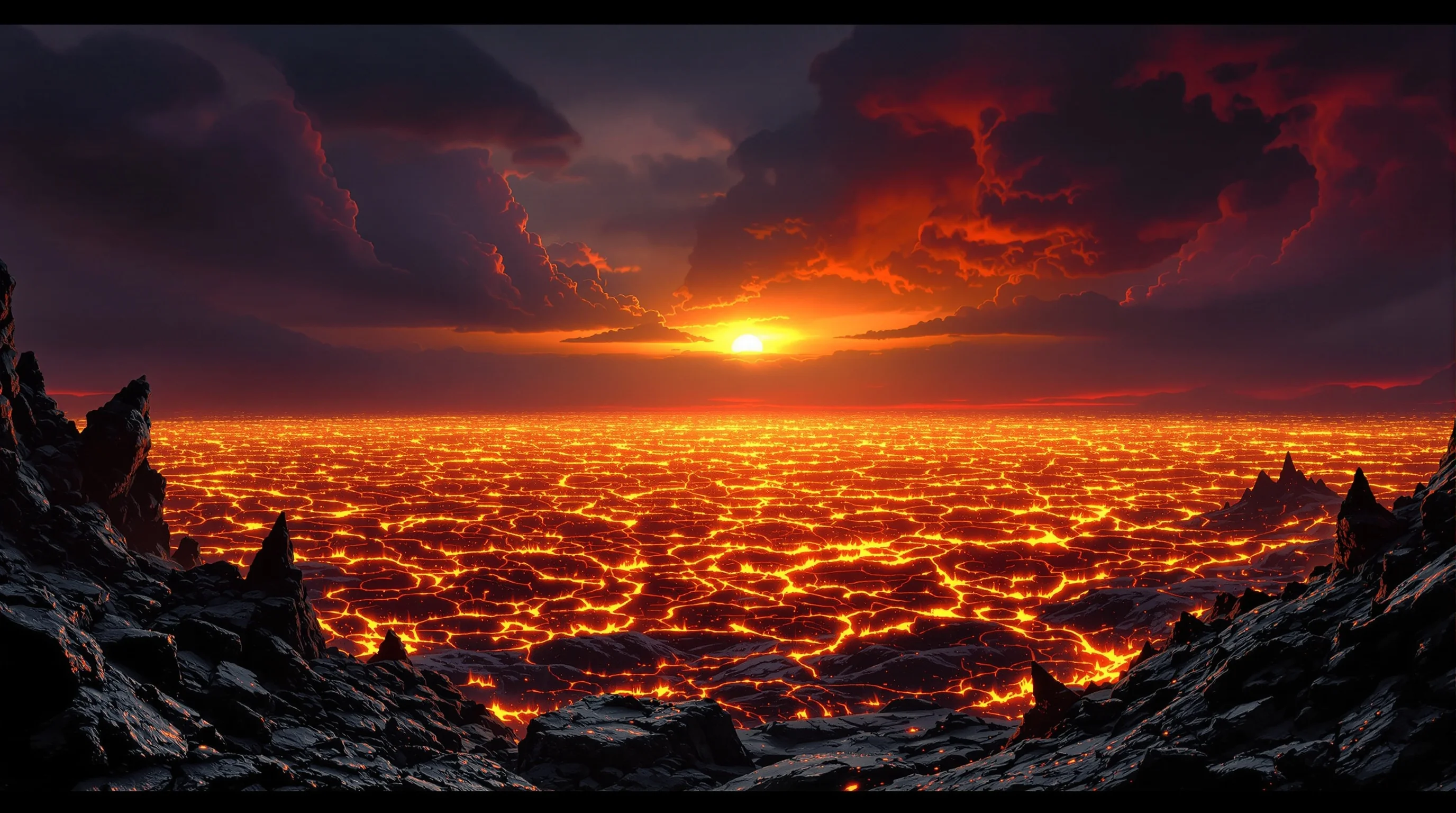 A vast, churning lake of fire with crimson and orange flames beneath a dark apocalyptic sky, framed by jagged obsidian rocks.